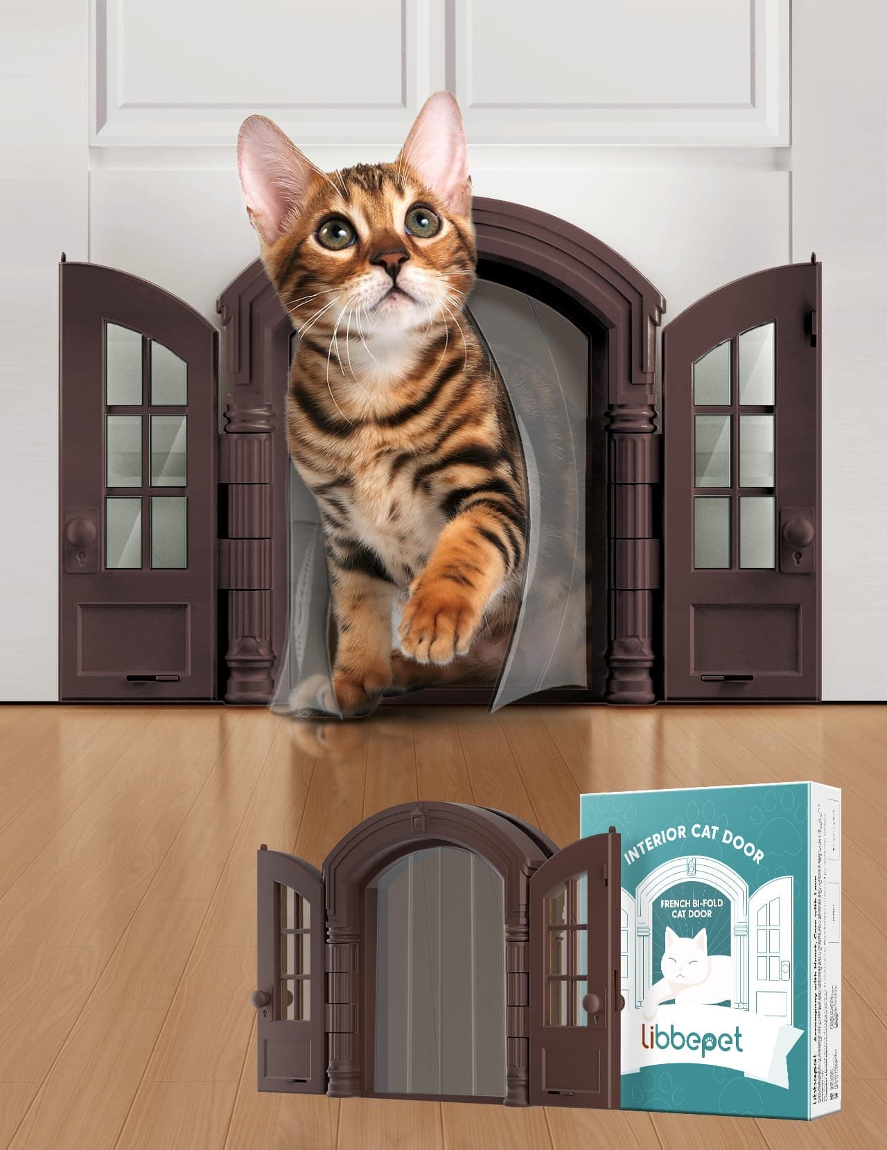 LIBBEPET French Cat Door Indoor with Vinyl Strips for Cats ≤ 25 lbs, Brown