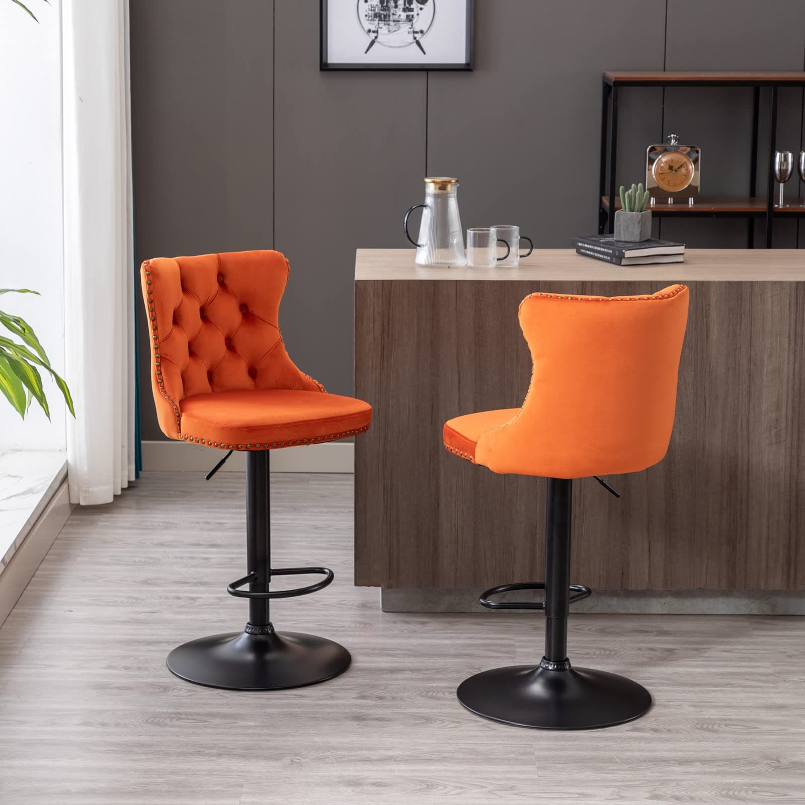 Jintop Swivel Velvet Barstools Adjusatble Seat Height from 25-33" with 17.7" Base and Backs Comfortable Tufted,Modern Upholstered Bar Chairs for Home Pub Kitchen,Orange,Set of 2