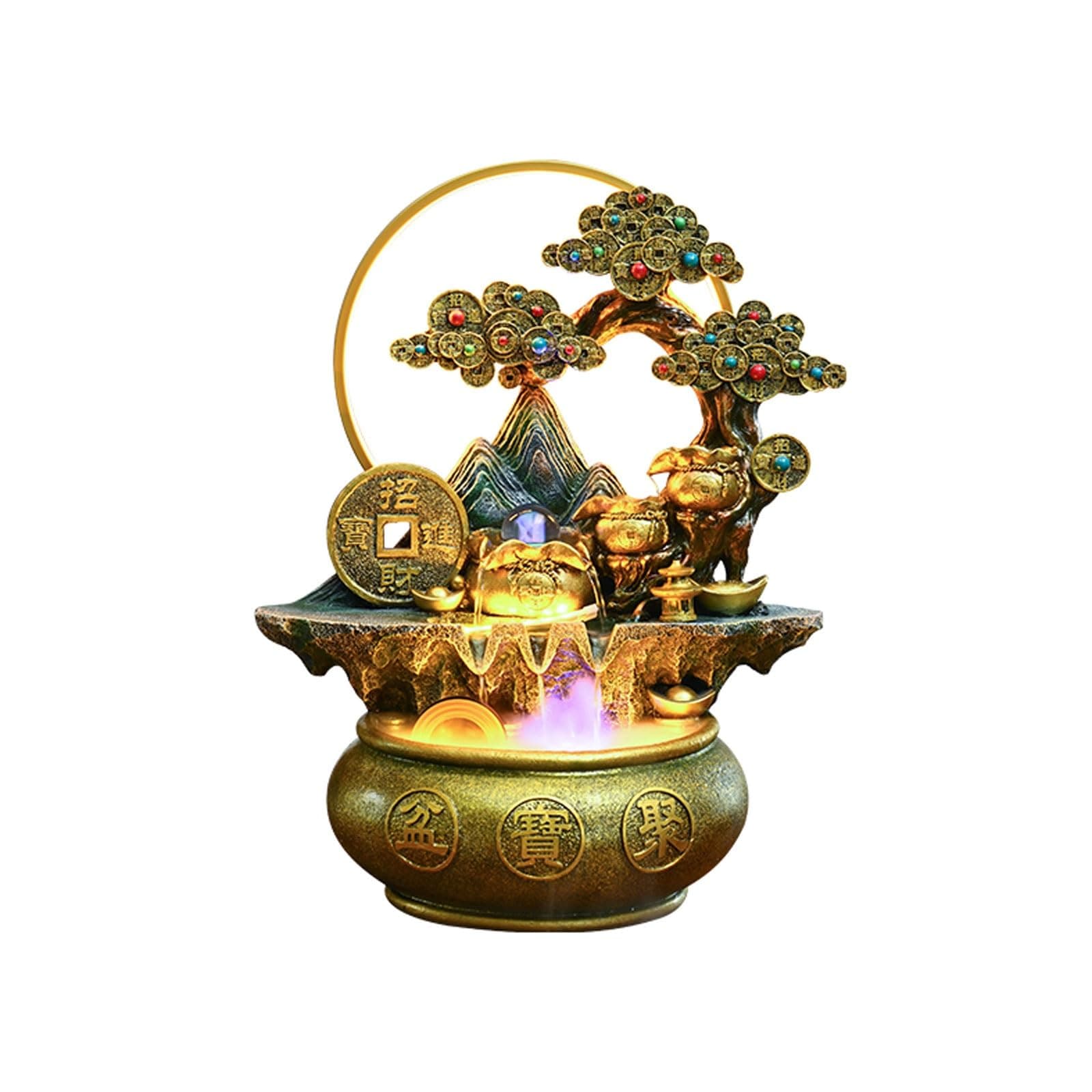 Feng Shui Money Tree Tabletop Water Fountain Cornucopia Circulating Water Feature w/LED Light Mist Zen Decor Indoor Waterfall for Wealth(Gold,L)