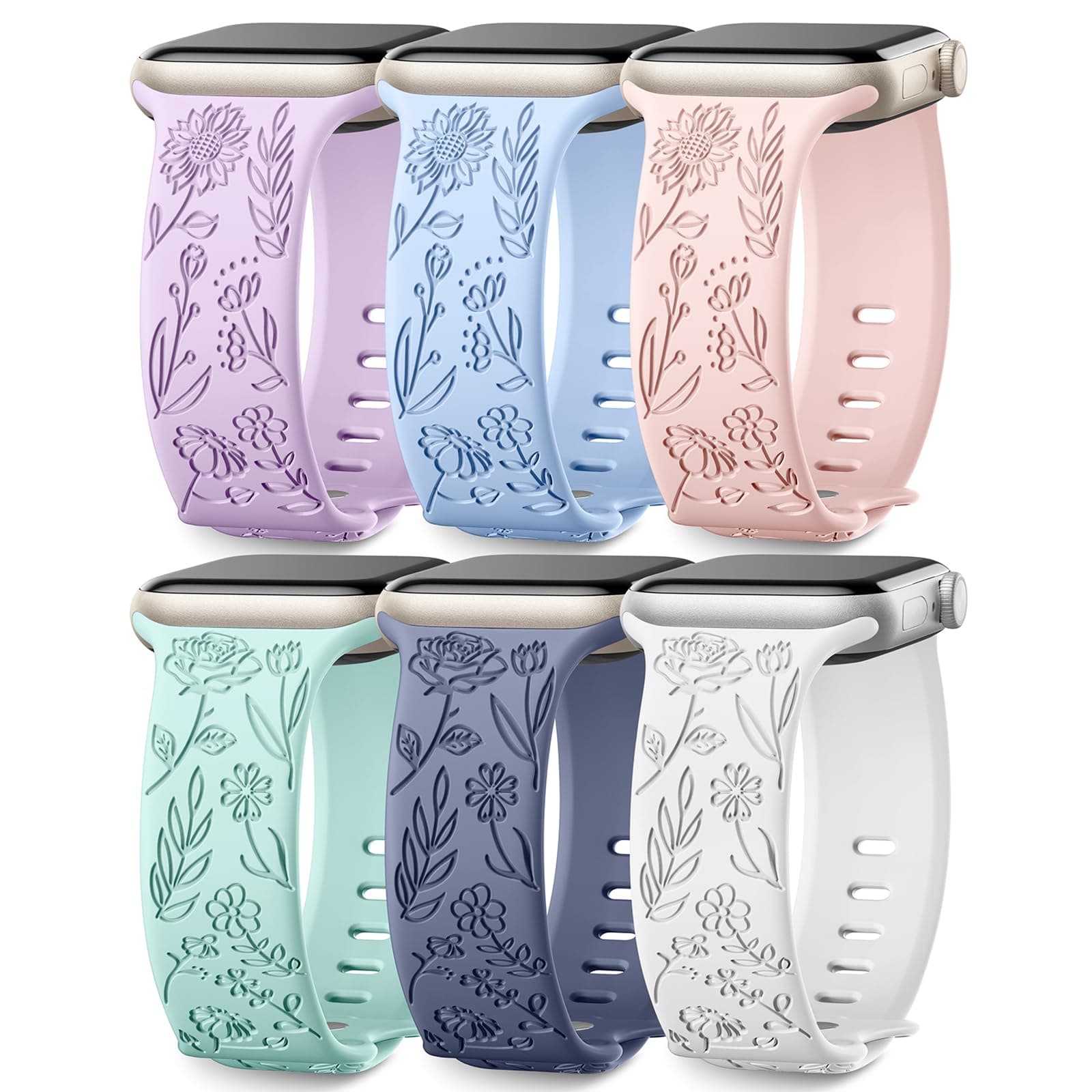 6 Pack Floral Engraved Bands Compatible with Apple Watch Ultra Bands for Men, 44mm 40mm 38mm 41mm 45mm 46mm 49mm 42mm for Women, Pretty Classy Decorated Wildflower for iWatch Bands Series SE 10 9 8 7