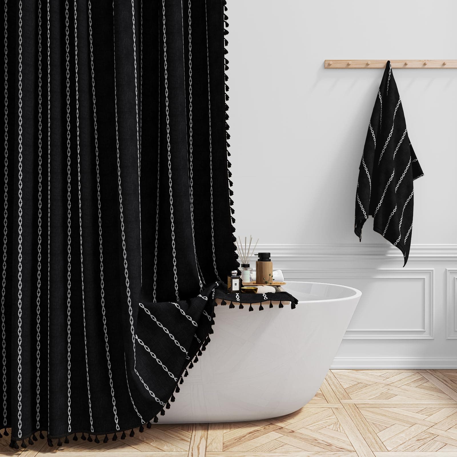 BTTN 54x78 Boho Farmhouse Linen Heavy Duty Shower Curtain Set, Black White