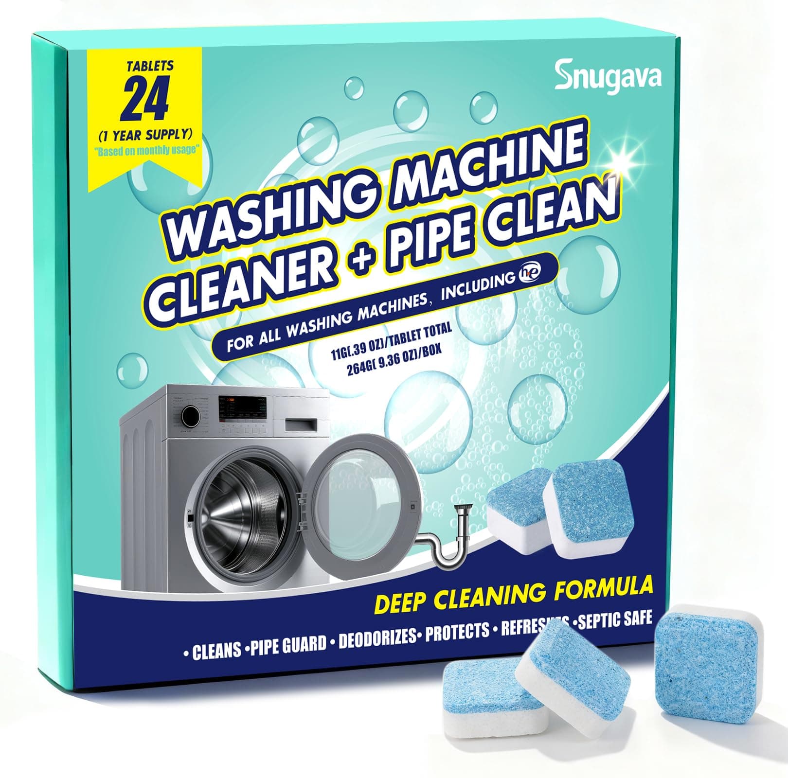 Washing Machine Cleaner Descaler Tablets: 24 Pack Deep Cleaning for Front Loader, Top Load and HE Washer, Septic Safe Eco-Friendly Deodorizer, Clean Drum and Laundry Tub Seal - 1 Year Supply