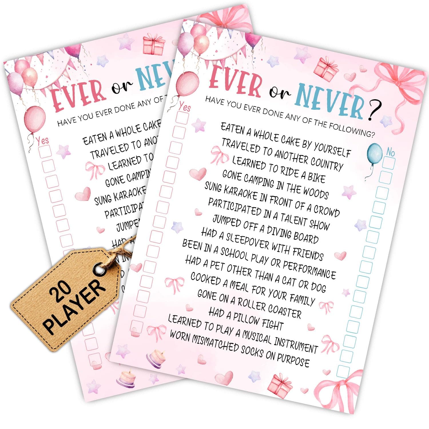 Pink Slumber Party Games Card - Coquette Pink Bow Themed Sleepover Slumber Party Supplies- Sleepover Stuff- Birthday Night Games Creative Idea -Ever or Never- 20 Game Cards