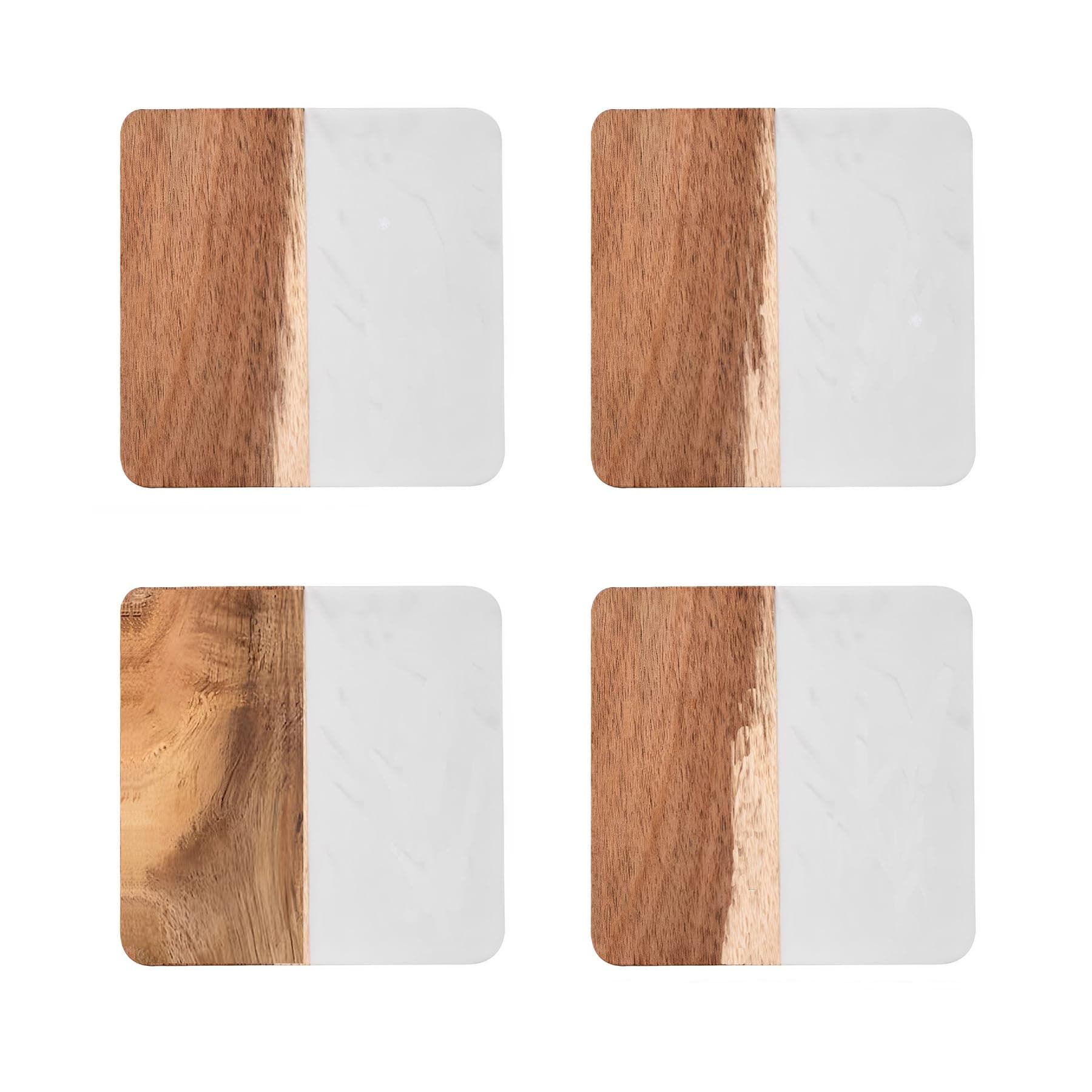 I-LAN 4 Pack 4 x 4 Inch Squre Natural Wood and Marbel Style Coasters for Drinks,White Marble and Natural Wood Joint Mixed Modern Style Heat-Resistant Coaster Set for Home Kitchen
