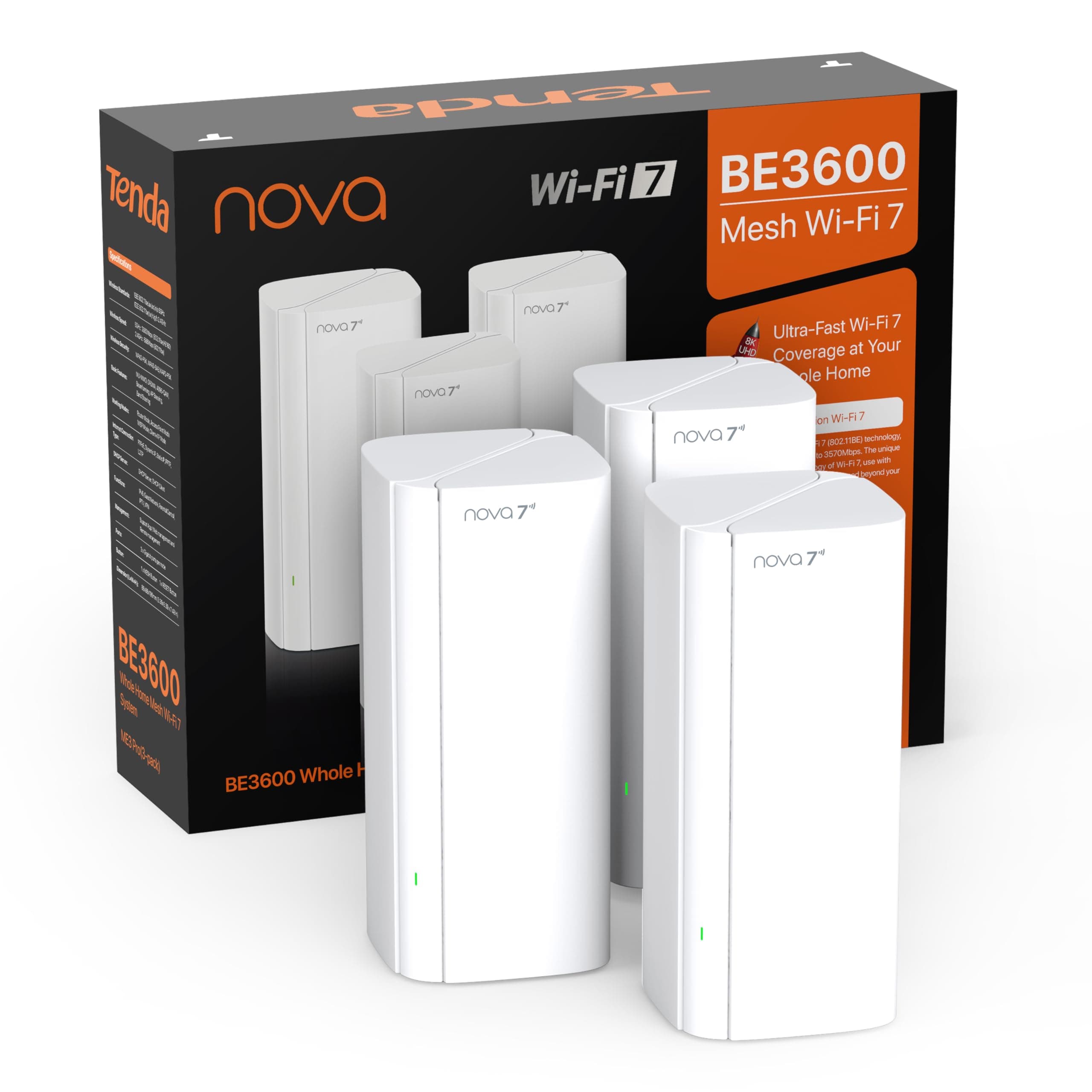 Tenda WiFi 7 Mesh System BE3600 – Dual Band Mesh WiFi System for Home, Covers Up to 6,600 Sq. Ft., Seamless Mesh Network with 3 Gigabit Ports, Supports 160+ Devices, MLO, VPN, 4K QAM, ME3 Pro (3-Pack)
