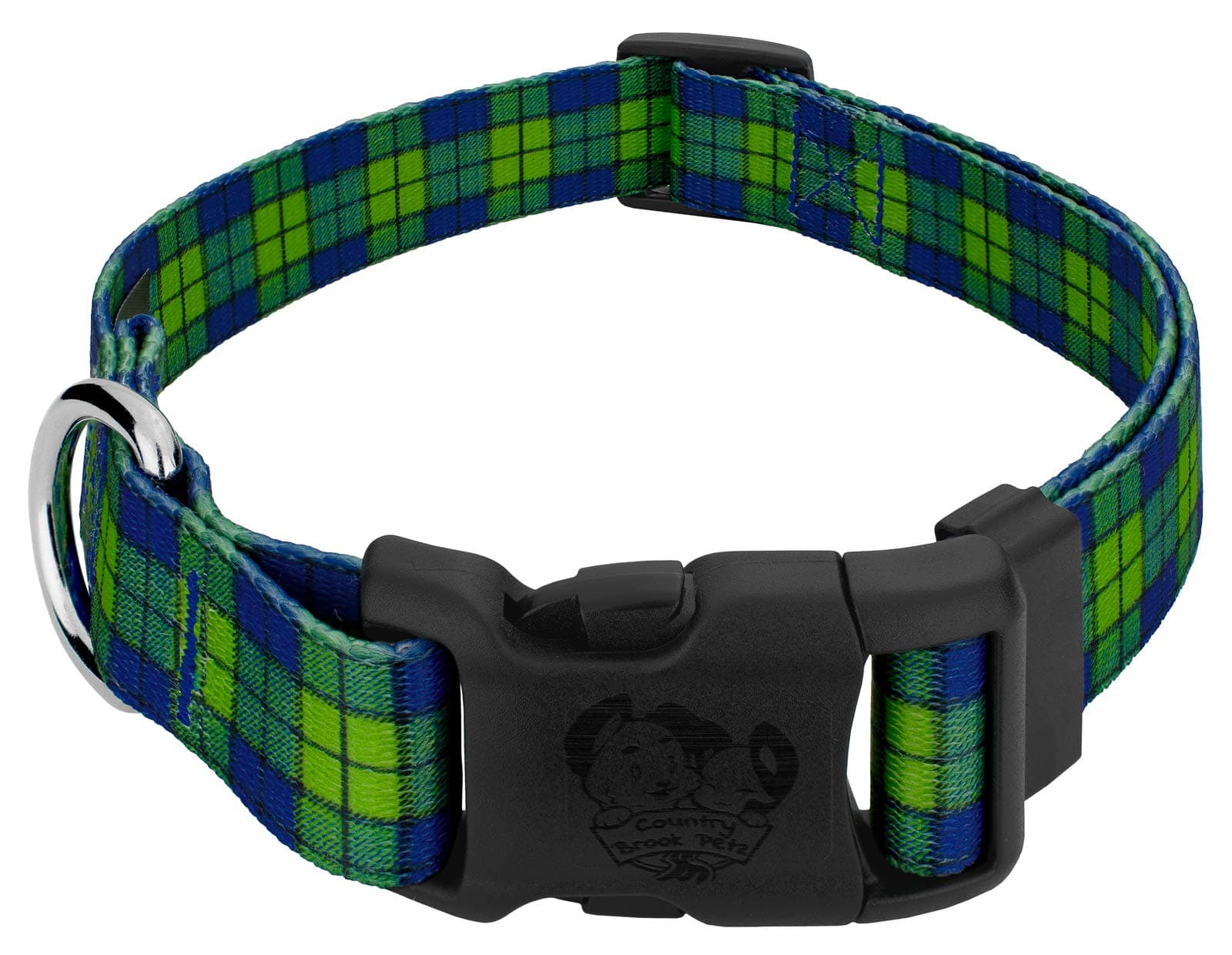 Country Brook Petz - Blue and Green Plaid Everyday Dog Collar - Made in The U.S.A. - Plaid and Argyle Collection Featuring Charming Designs (1/2 Inch, 2XS)