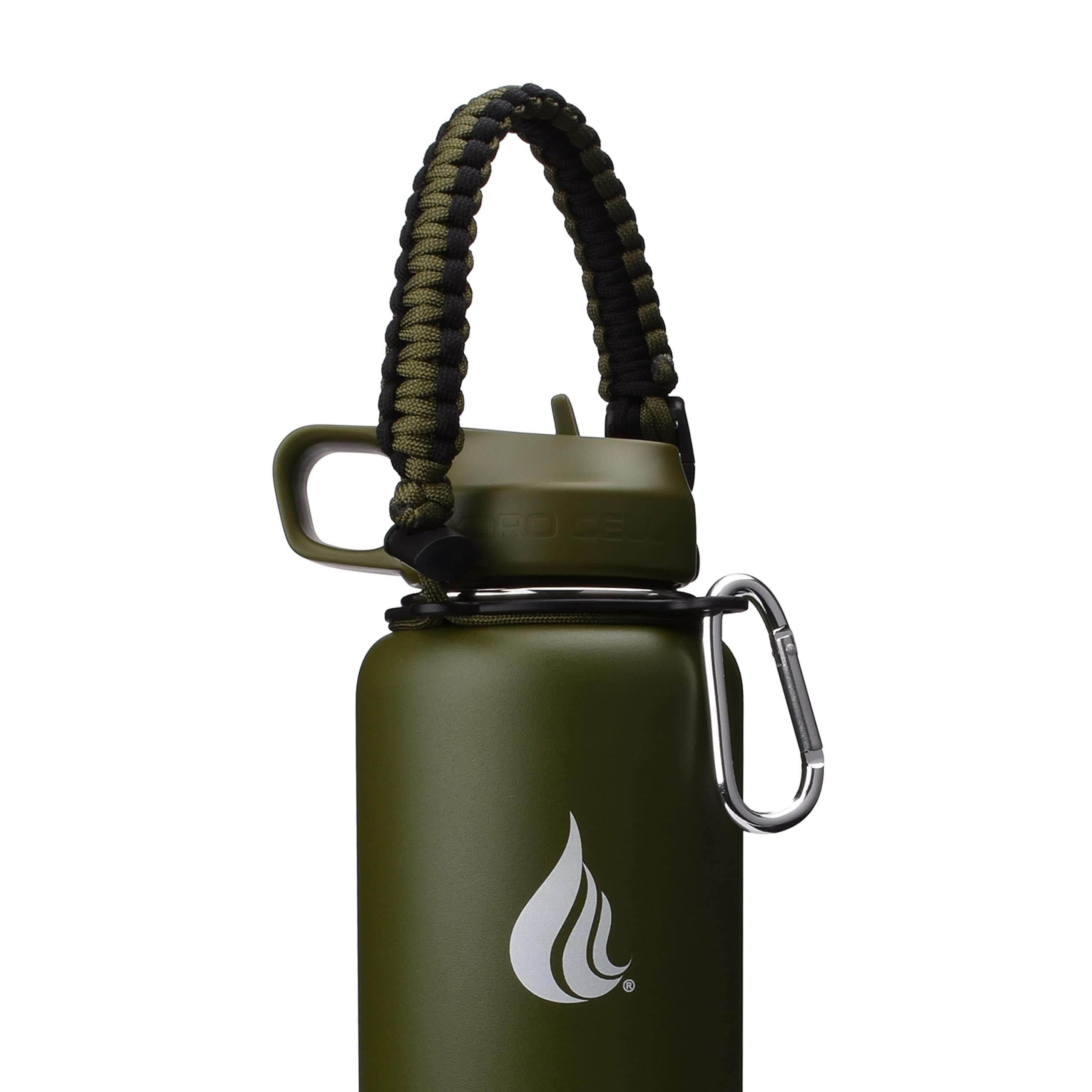 HYDRO CELL Wide Mouth Paracord Handle - Strap Carrier with Safety Ring and Carabiner. Compatible with 18, 24, 32, 40, and 64 oz Stainless Steel Water Bottles (Army/Black)