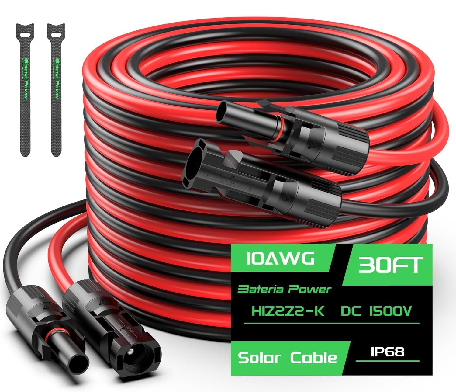 Bateria Power 30FT 10AWG Solar Panel Extension Cable, 6mm² Solar Extension Cable Wire with Female & Male Waterproof Connectors for RV, Photovoltaic Systems
