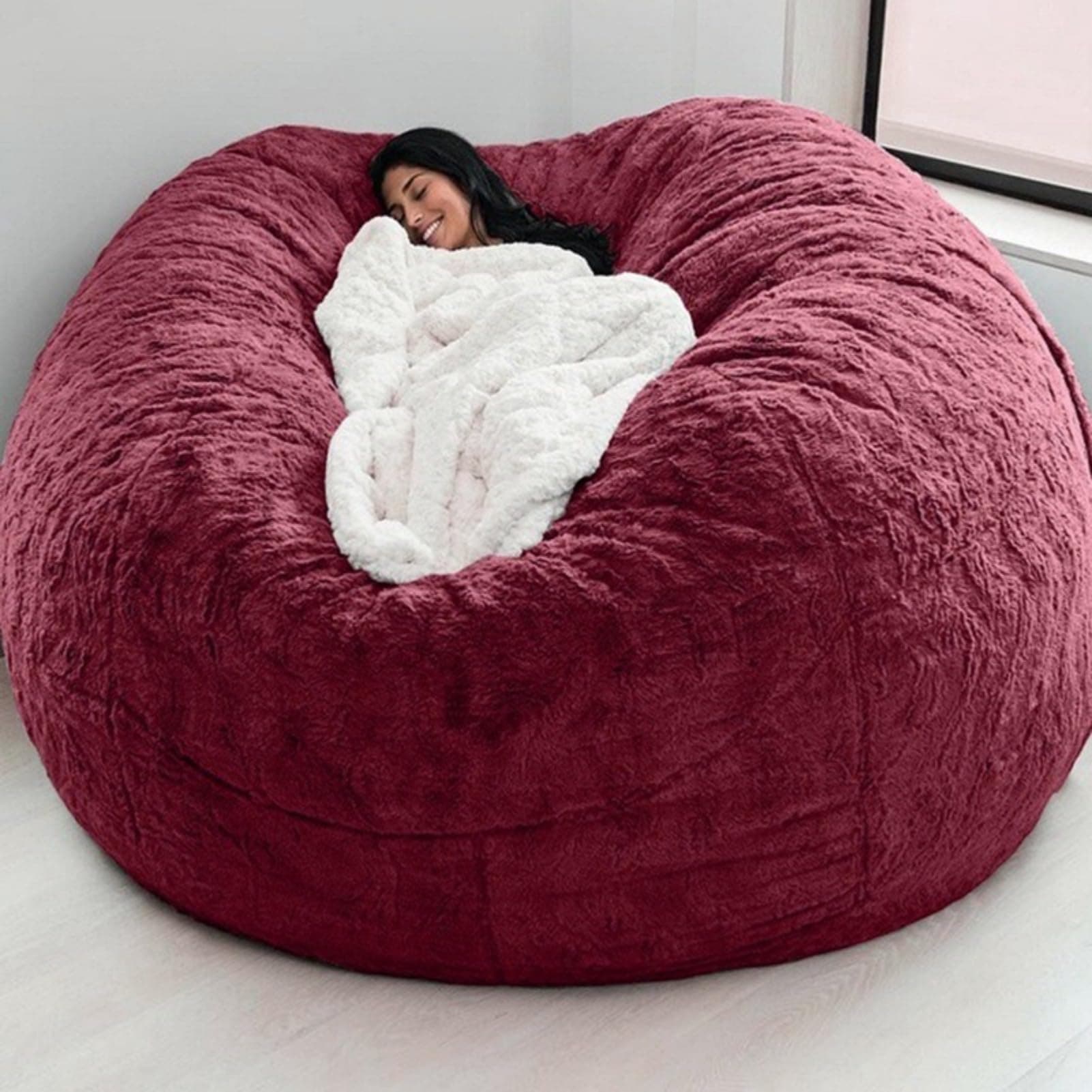 YYSIR Giant Bean Bag Chair Cover(Cover Only,No Filler),Large Round Soft Fluffy PV Velvet Washable Bean Bag Lazy Sofa Bed Cover for Adults,Living Room Bedroom Furniture Outside Cover (Wine red,5ft)