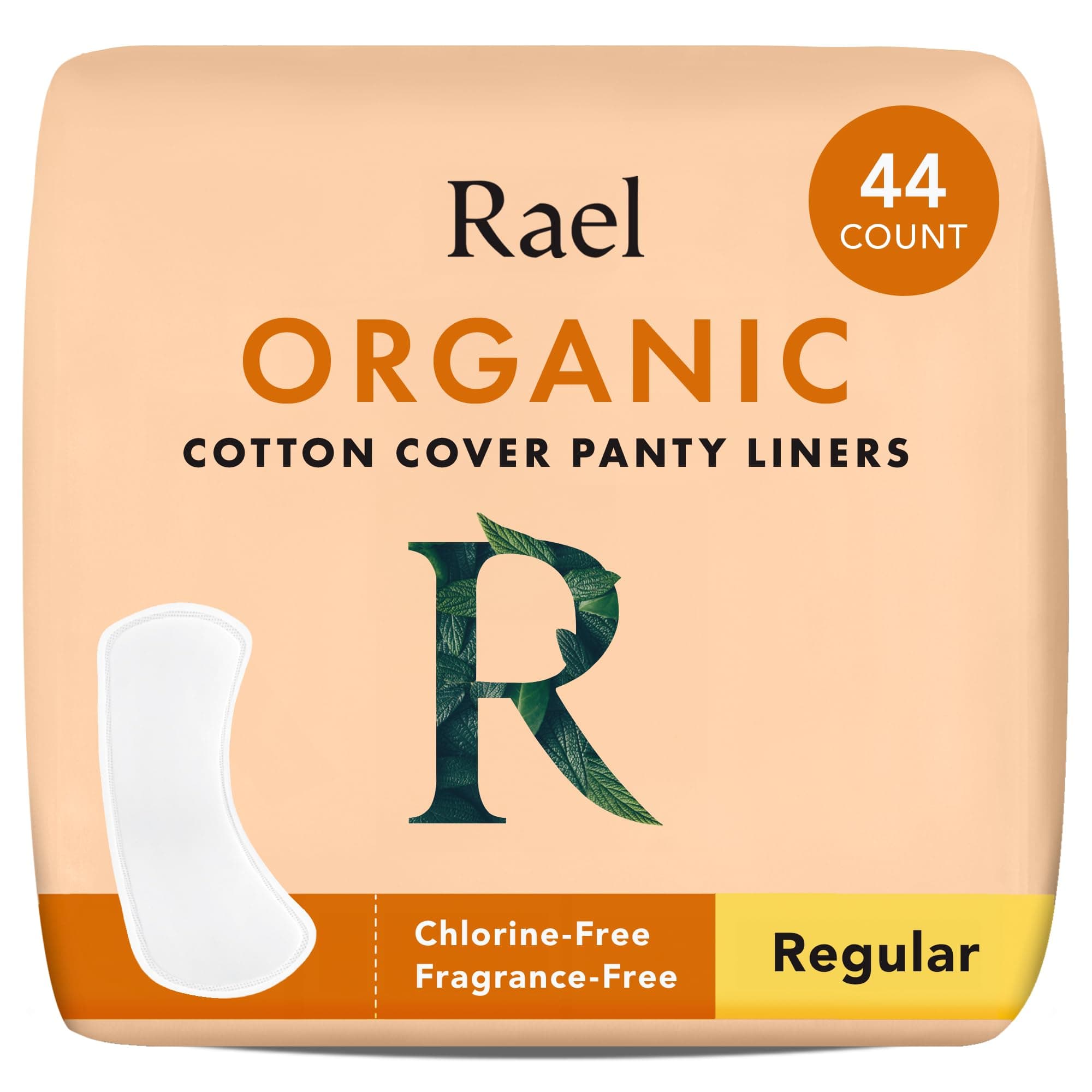 Rael Daily Panty Liners for Women, Organic Cotton Cover (Regular, 44 Count)