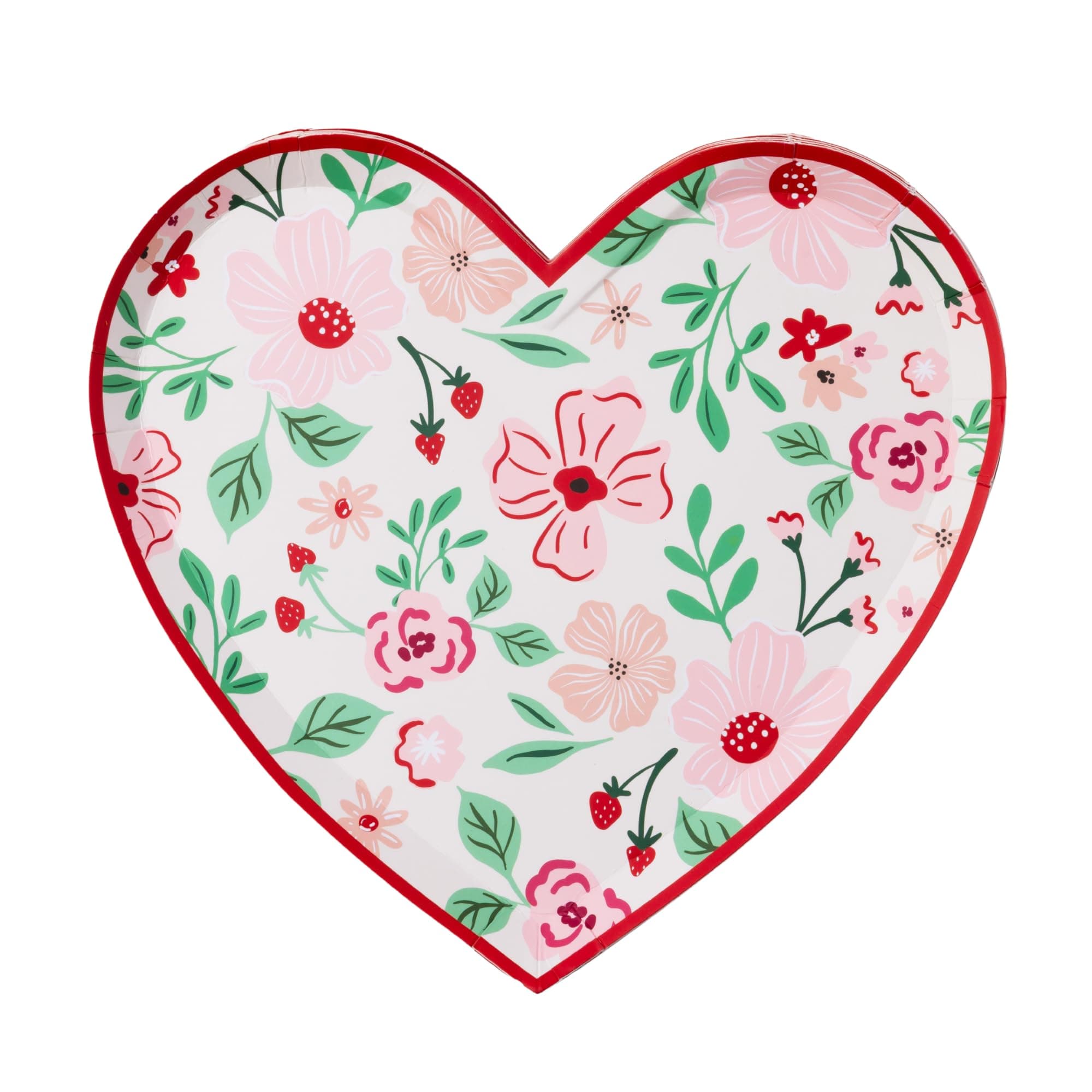 Bonjour Fête Pink & Red Floral Heart Plates, Pack of 8, 8.3x7.75"