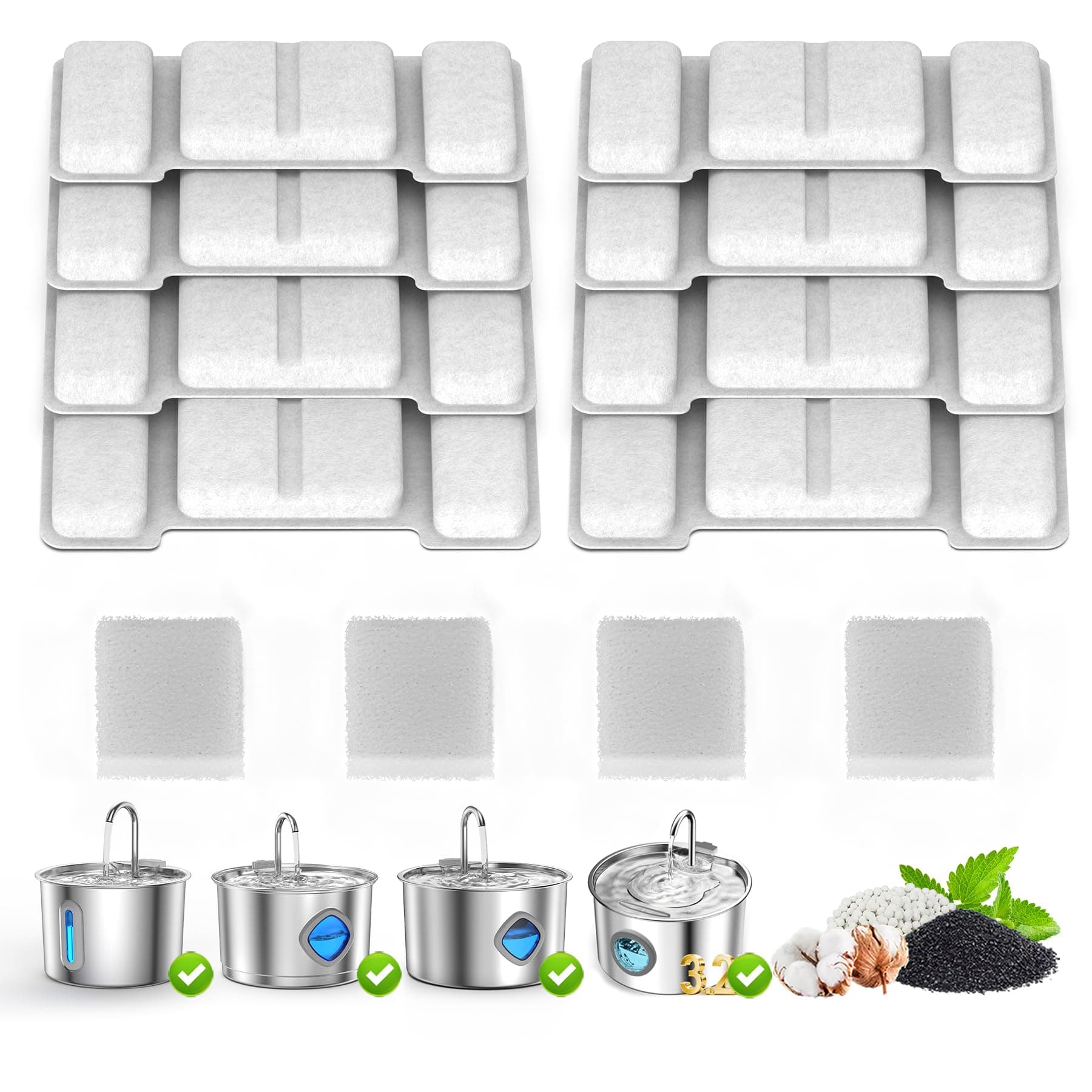 Replacement Filters & Sponges for 2.2L Stainless Steel Cat Water Fountain, 8 Filters + 4 Sponges Kit, Quadruple Filtration to Keep Water Fresh