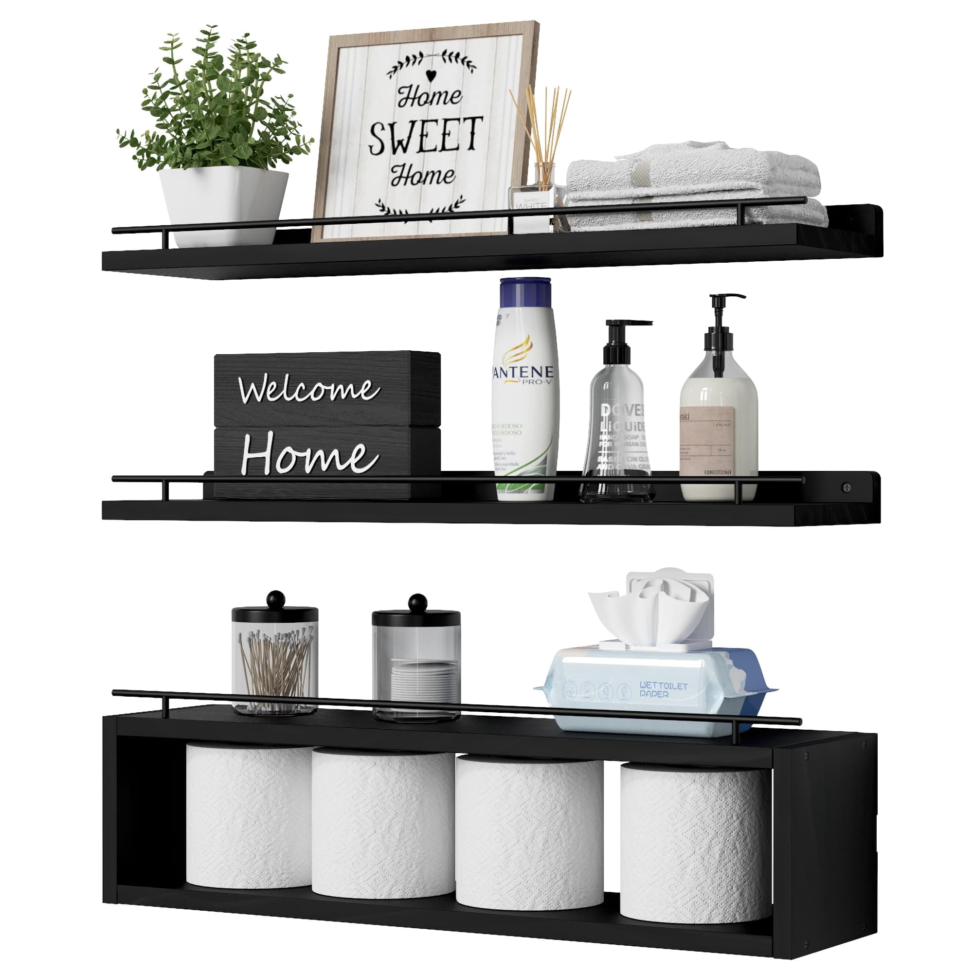 WOPITUES Floating Shelves for Wall 24 inch with Cube Shelf, Wall Shelves with Metal Rail for Decor, Bathroom Organizers and Storage, Over Toilet Shelves for Bathroom, Toilet Paper-Black
