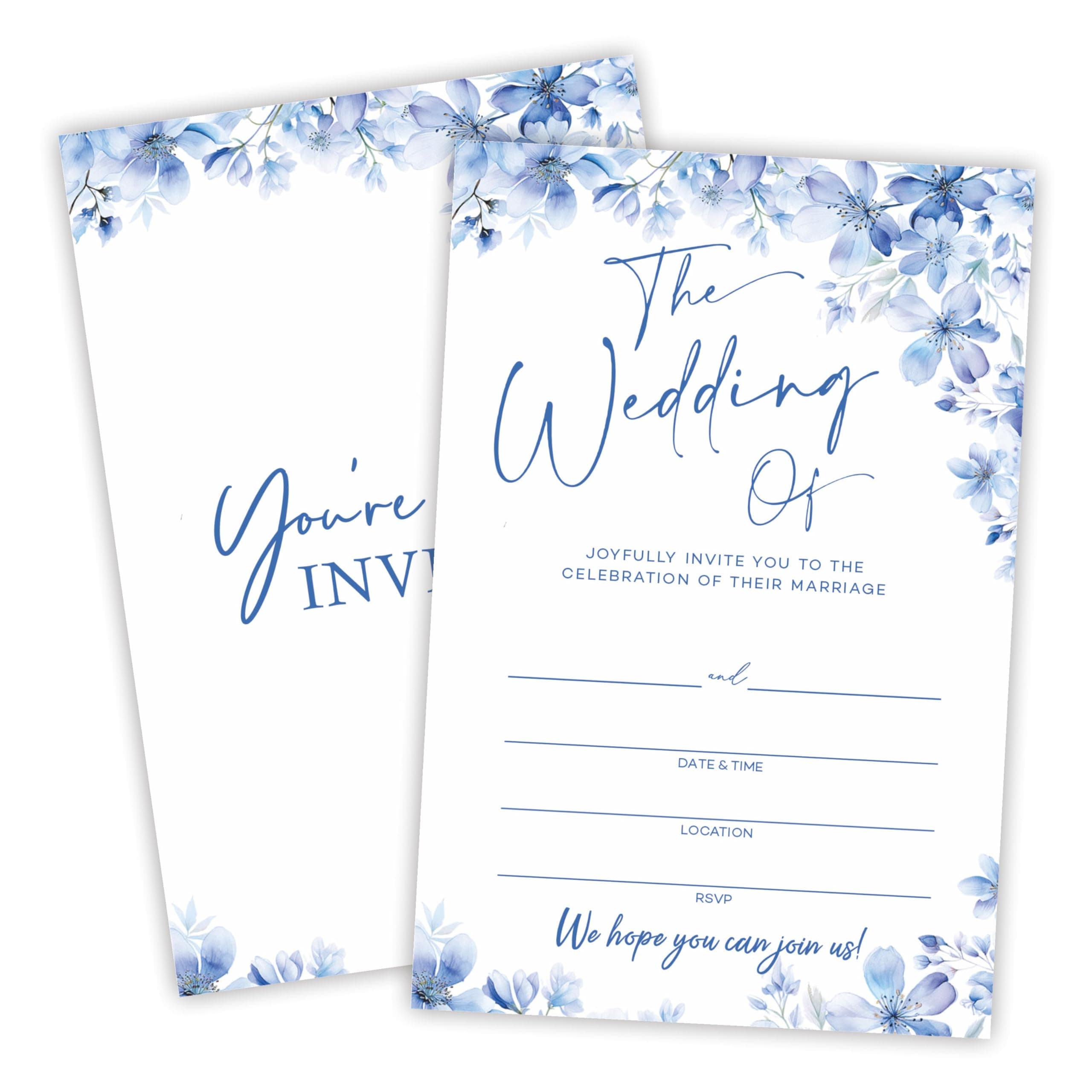 Ebned Blue Floral Wedding Invitations, 25 Floral Wedding Invite Cards With Envelopes, Fill In Style Invites For Newlyweds, Mr & Mrs, Bridal shower Party Favor & Supplies - A01