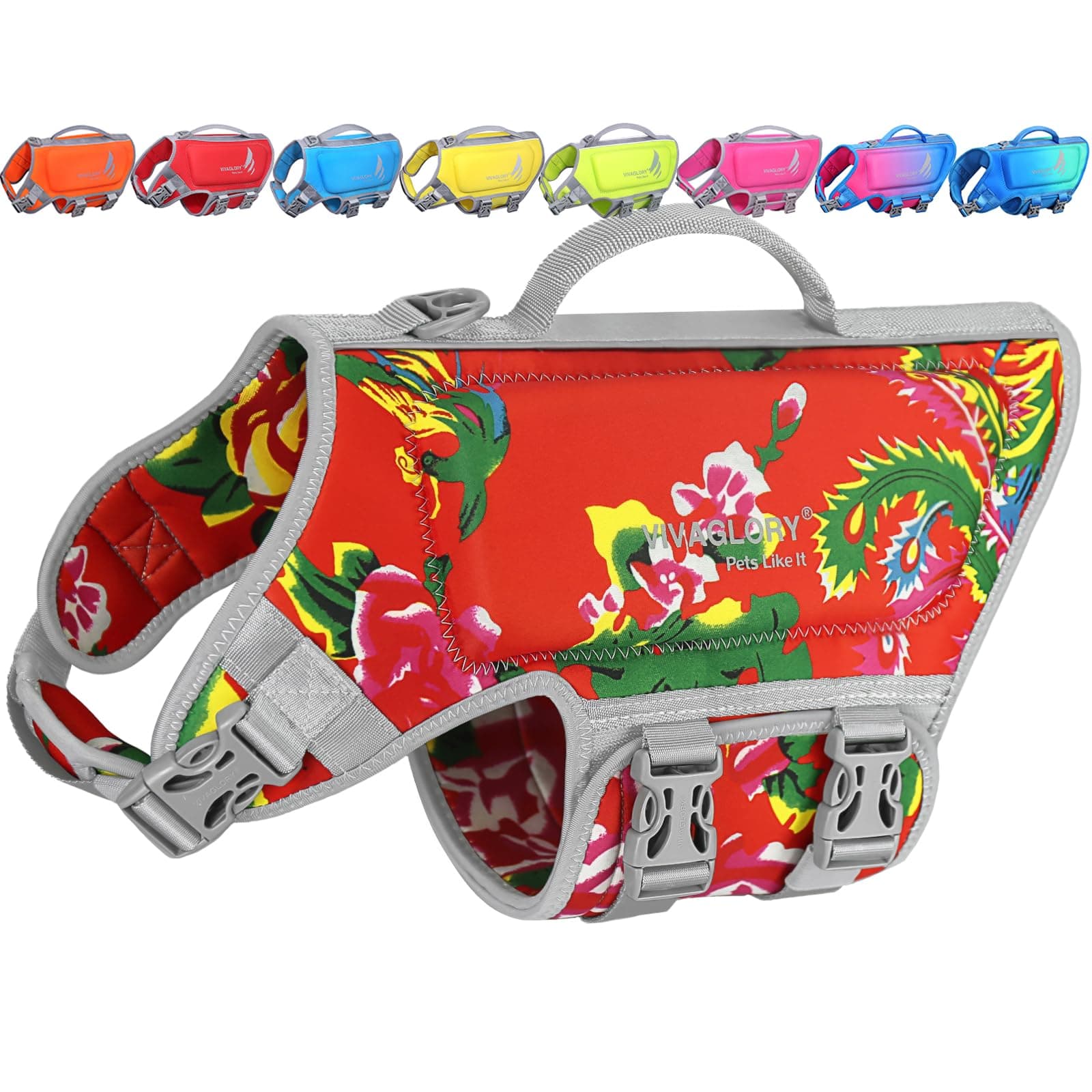 VIVAGLORY Dog Life Jacket High Buoyancy Dog Life Vest, S, Floral Red