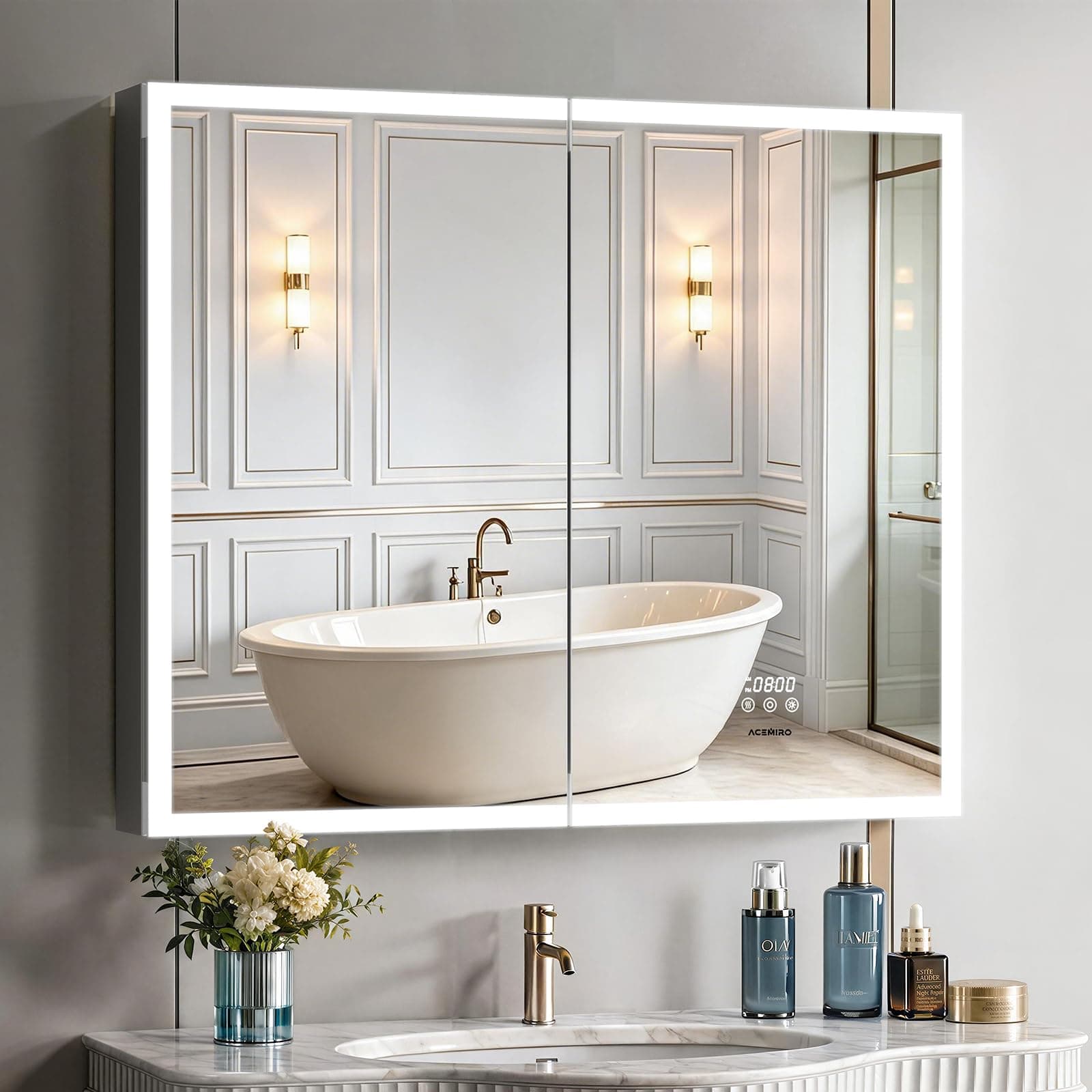ACEMIRO 36"×30" Lighted Medicine Cabinet with Mirror, Surface or Recessed Bathroom Mirror Medicine Cabinet with Clock & Temp Display, Defogger, Dimming, Built-in Outlet & USB Ports, Double Door