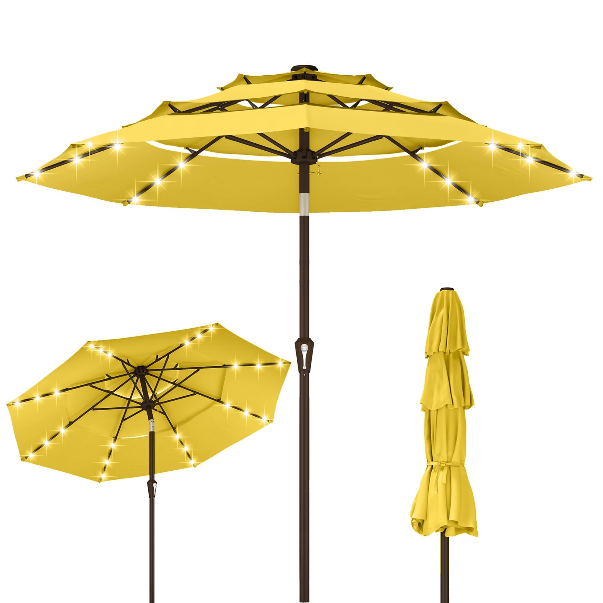 Kingdura 9ft 3-Tier Patio Umbrella with Solar Lights, Table Umbrella Outdoor Patio with Easy Crank & Tilt, 8 Sturdy Ribs, UV Protection, 32 LED Lights for Deck, Poolside, Market (Yellow)