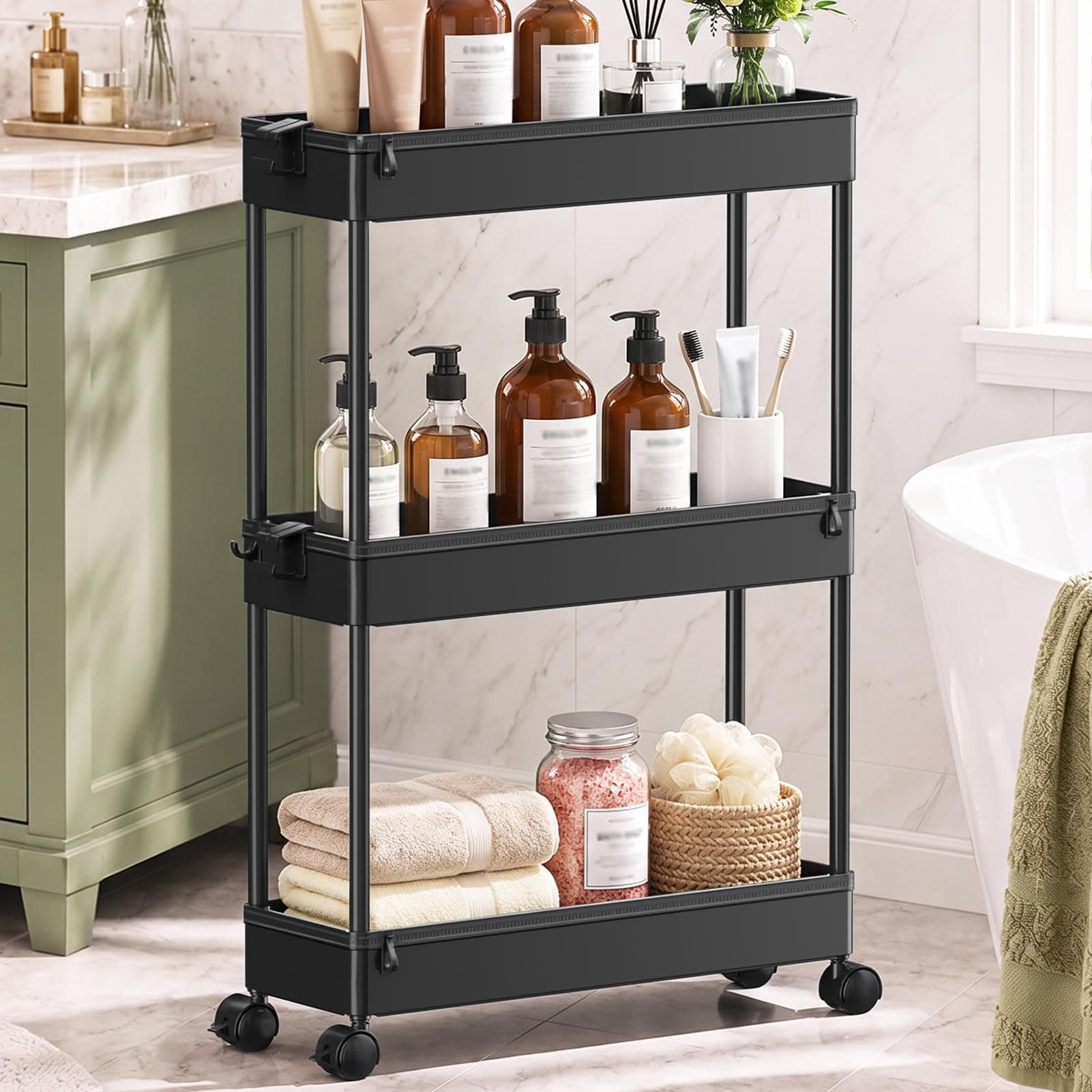 SPACEKEEPER Slim Rolling Storage Cart, 3 Tier Bathroom Cart Organizer,Black
