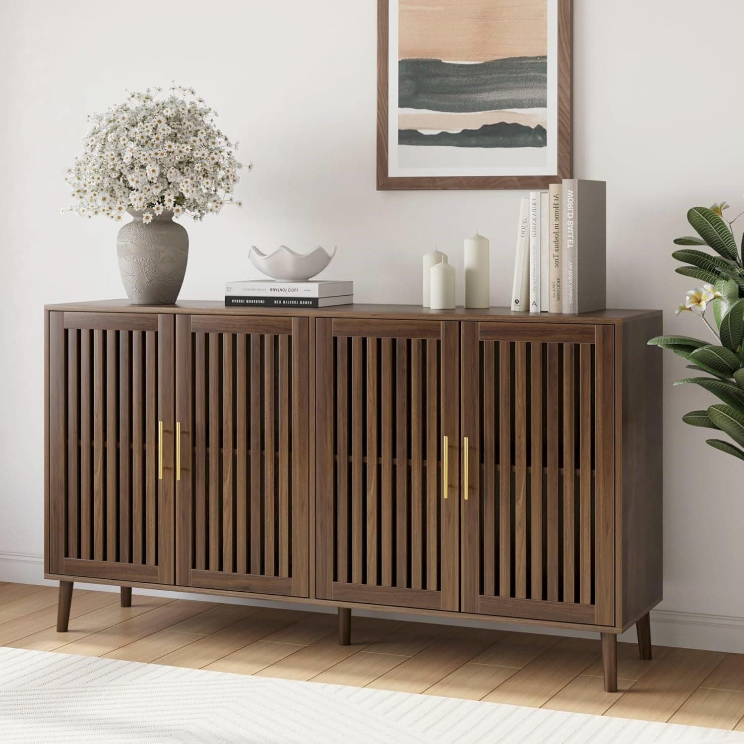Smart FENDEE 63" Long Sideboard Buffet with 4 Slatted Doors, Farmhouse Buffet Storage Cabinet with Adjustable Shelves, Coffee Bar Cabinet for Entryway, Kitchen, Dining Room, Living Room, Walnut