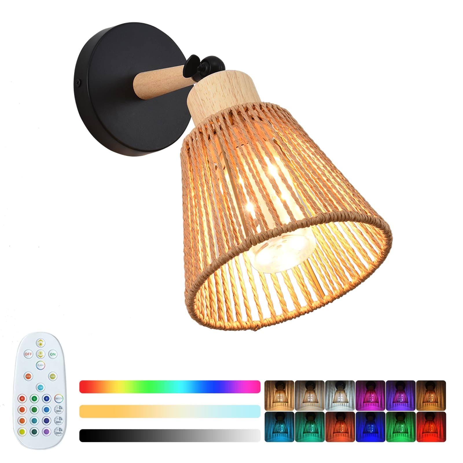 SWORDFORCE Battery Operated Rattan Wall Sconce, Rechargeable Wireless Boho Wall Light Vintage Cordless Wall Lamp with 7200mAh Dimmable Bulbs and Remote for Bedroom Living Room (MS-B01)