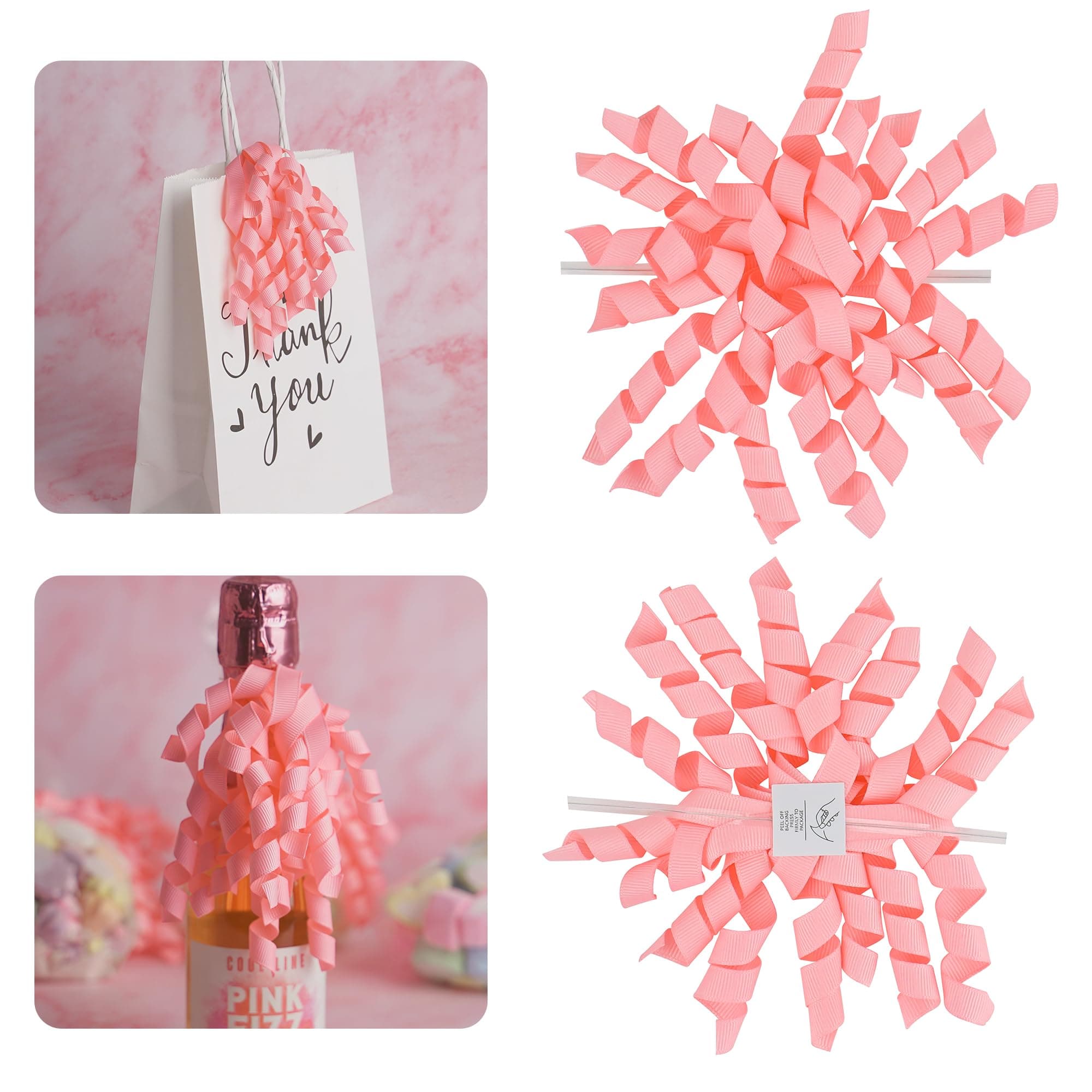 AIMUDI Pink Bows 4" Baby Pink Burst Bows Self Adhesive Curly Ribbon Bows for Gift Wrapping Grosgrain Ribbon Twist Tie Bows for Treat Bags Gift Bags Christmas Wedding Party Decorations - 6 Counts