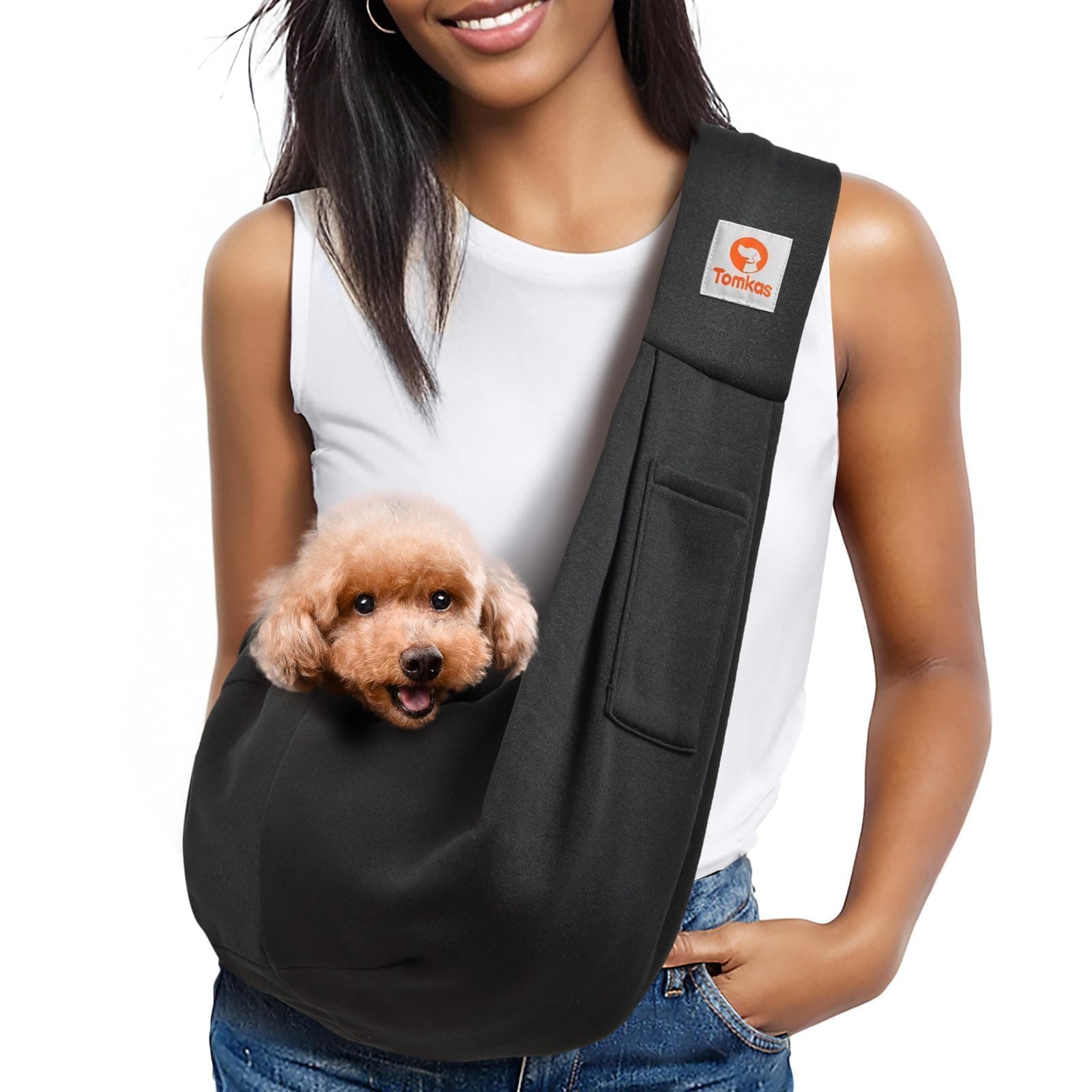 Tomkas Small Dog Sling Carrier - Adjust. Strap & Zip Pocket - Suitable for Puppies (Black, M - Classic Pocket & Classic Strap)