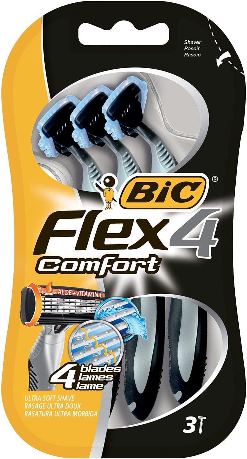 Bic Flex 4 Comfort Men's Razors - Pack of 3 Disposable 4-Blade Razor - with Lubricating Strip for A Smooth And Precise Shave
