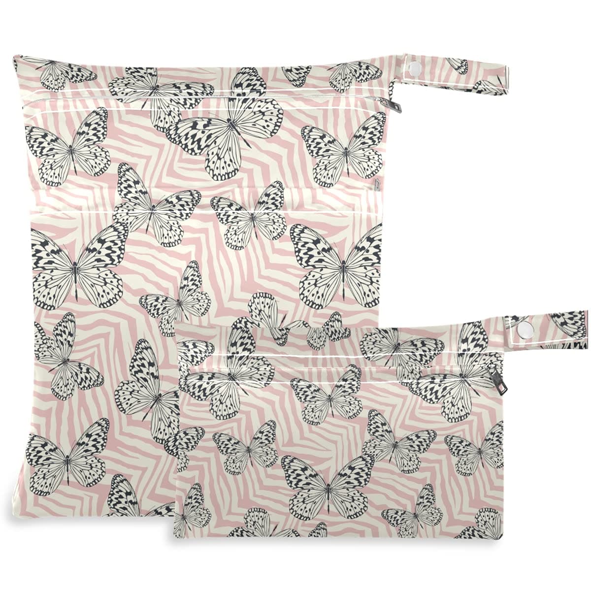 visesunny Butterfly Zebra Print 2Pcs Wet Bag with Zippered Pockets Washable Reusable Roomy Diaper Bag for Travel,Beach,Daycare,Stroller,Diapers,Dirty Gym Clothes,Wet Swimsuits,Toiletries