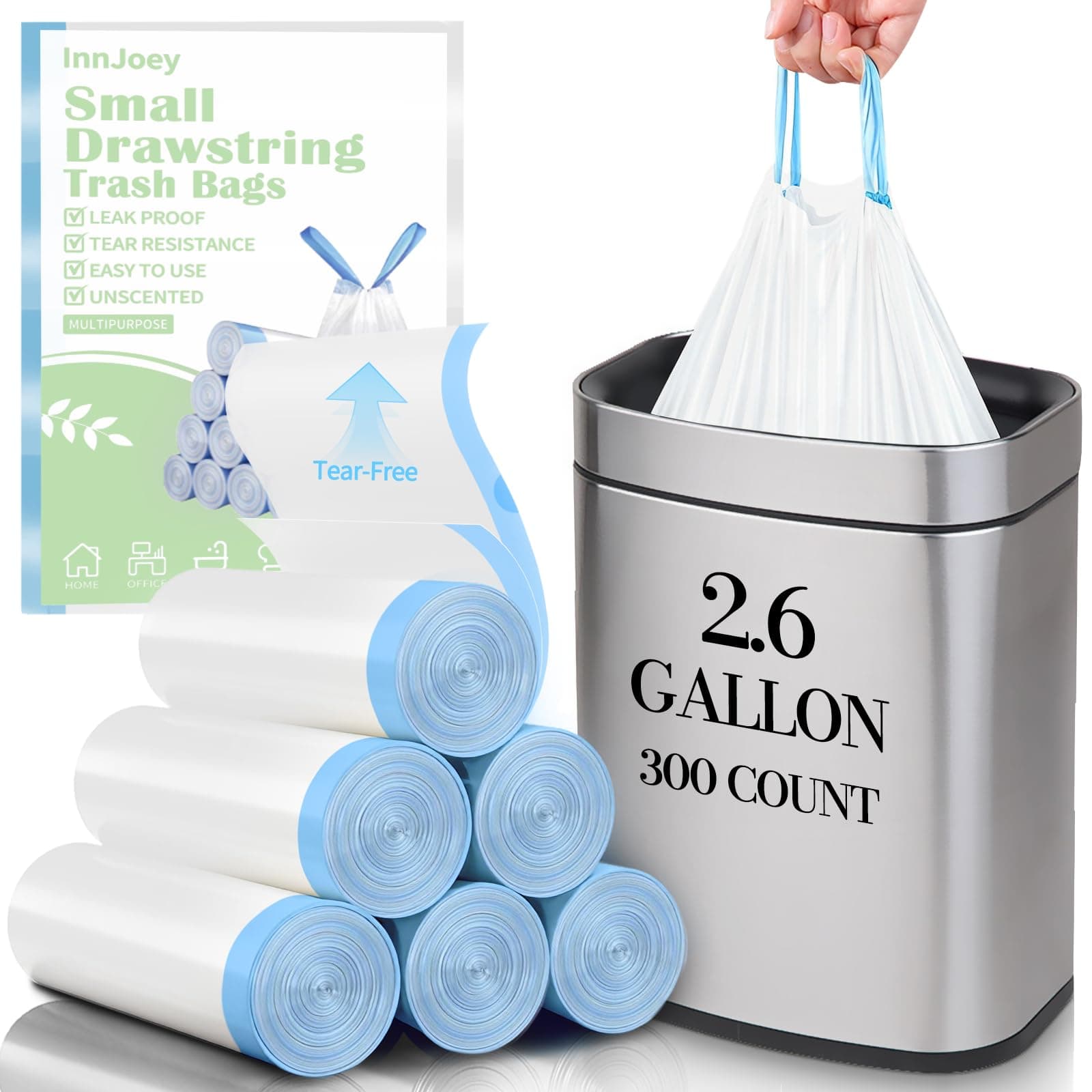 Small Trash Bags for 2.6-Gallon (10 L) Trash Cans, 300 Count Thick Pre-separated Garbage Bags,Mini Wastebasket can Liners for Bathroom Bedroom Office(White)