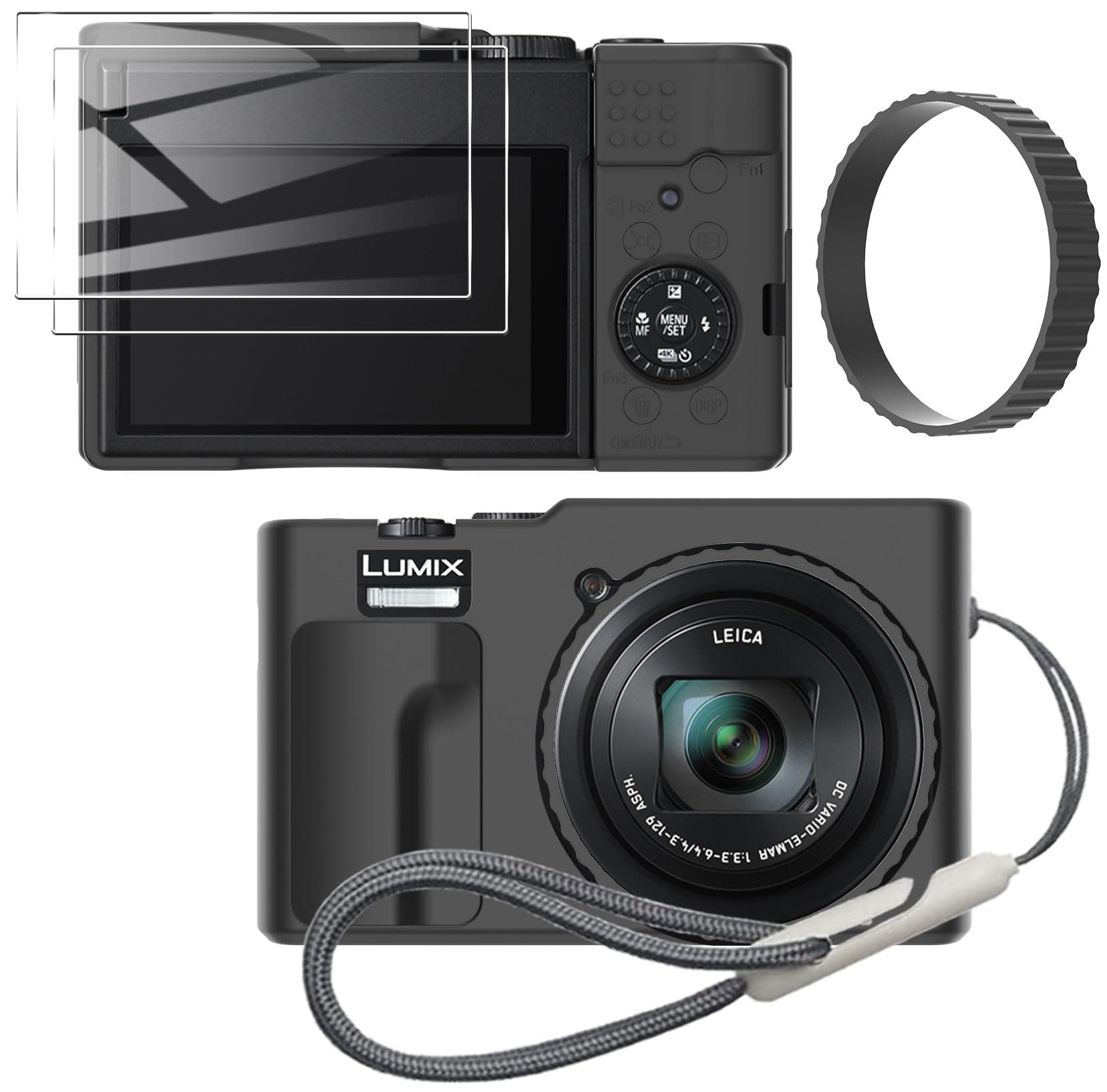 Tedubax Silicone Case for Panasonic LUMIX ZS99 with Removable Lens Cover and 2PCS Screen Protector and a Lanyard lumix zs99 case - Black