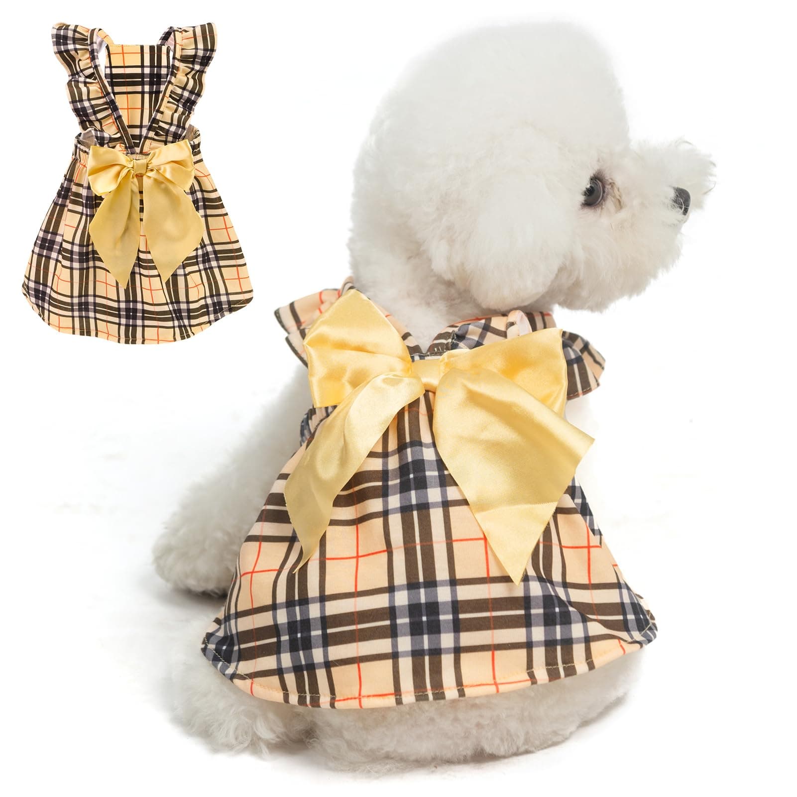 BINGPET Dog Dress for Small Dogs Girl,Classic Plaid Small Dog Clothes Cat Dress with Cute Bow Decor,Chihuahua Yorkie Pomeranian Puppy Kitten Dresses Outfit for Birthday Wedding Holiday(Plaid,M)