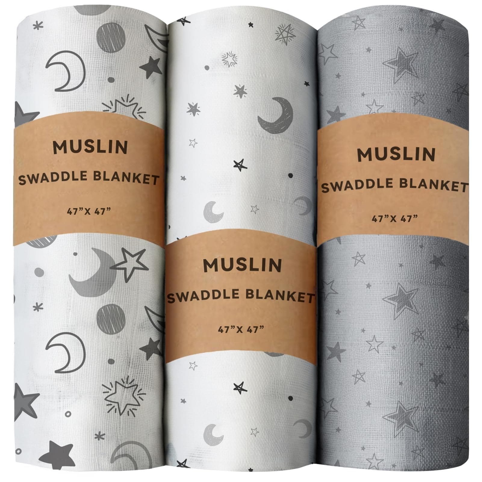 3 Pack Baby Muslin Swaddle Blankets Gender Neutral Large Swaddles for Newborn Baby Boys or Girls Light Receiving Blankets Newborn Infant Essentials for Mom (Star)