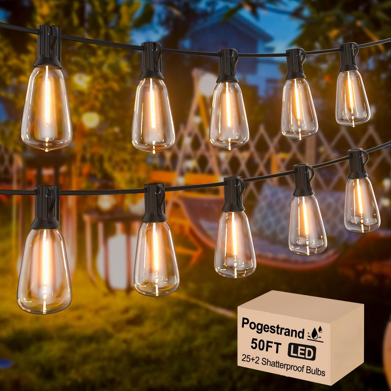 50FT ST38 Outdoor String Lights with 25 1W Plastic Shatterproof Bulbs