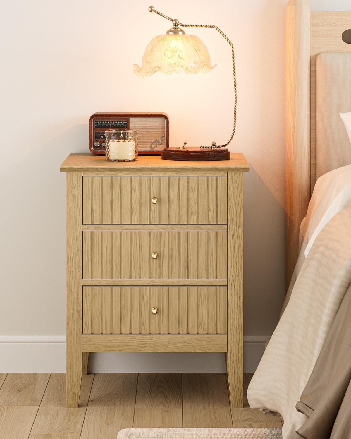 Apetaccat Fluted Nightstand, Farmhouse Night Stand with 3 Drawers, Mid Century Modern Side Accent Table,Bedside End Table for Bedroom, Living Room, Oak