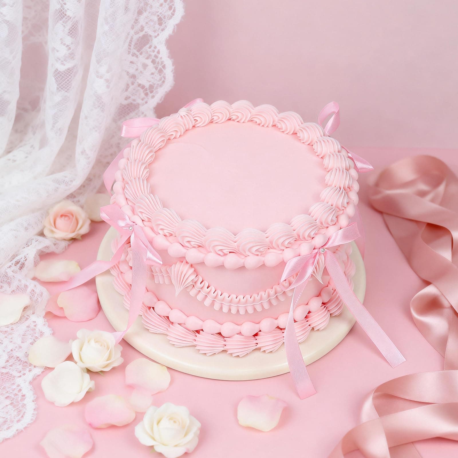 WARMALL 6 Inch Pink Bow Fake Cake - Realistic ArtificialCake for Wedding, Coquette Dessert Table Decor, Reusable Fake Cake for Photography, Anniversary, Birthday Party Decoration（Pink & Round）