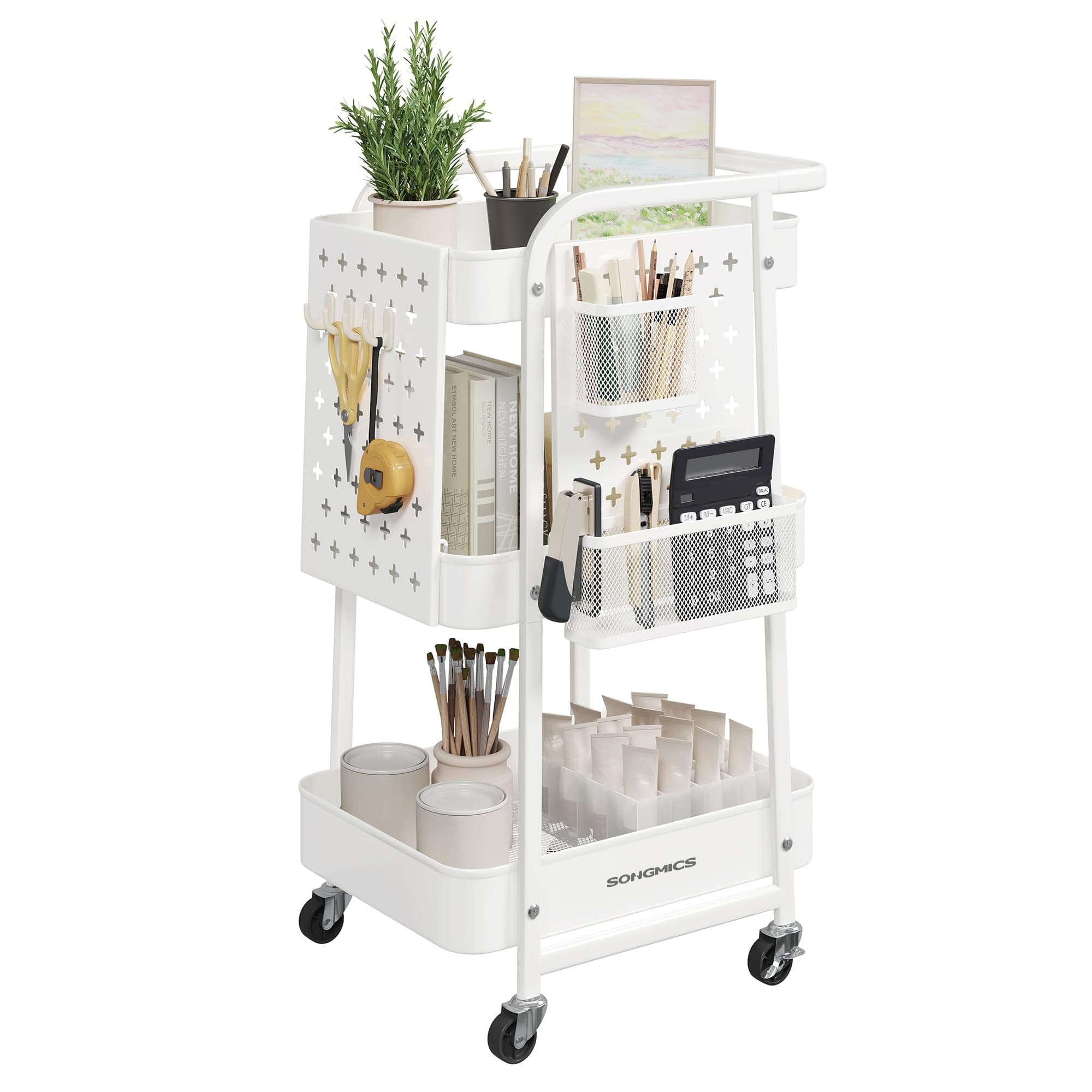 SONGMICS 3-Tier Storage Cart, Rolling Utility Cart, Metal Mesh Shelves, 2 Removable Pegboards, 2 Hanging Holders, 4 Hooks, Craft Cart for Living Room, Kitchen, Office, Bathroom, Cloud White ULRC037W01