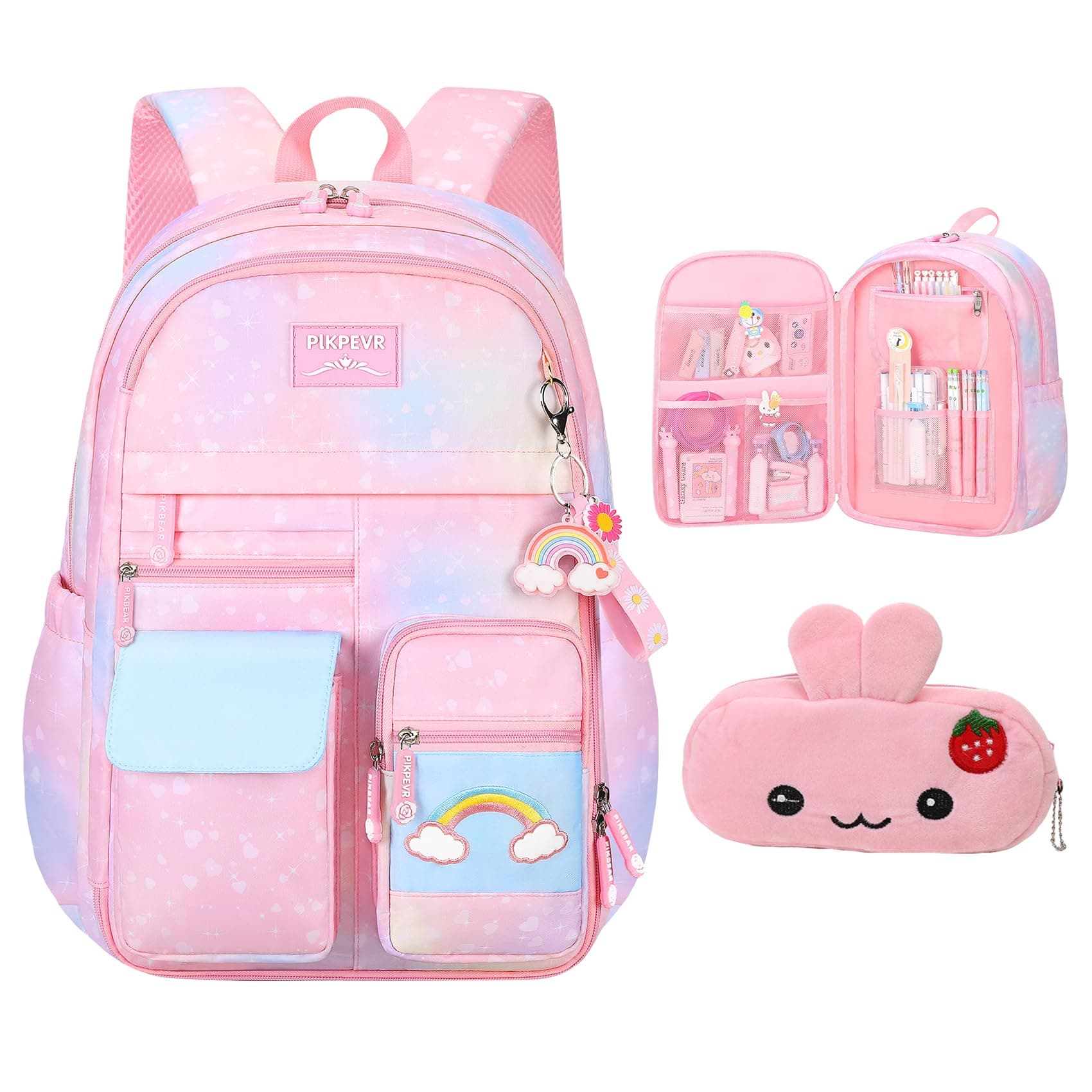 Pink Kawaii Backpack Starry Rainbow Bookbag Cute Large Capacity Backpack Multifunction Fashion Casual Laptop Travel Bag For Girl (Pink-17inch)
