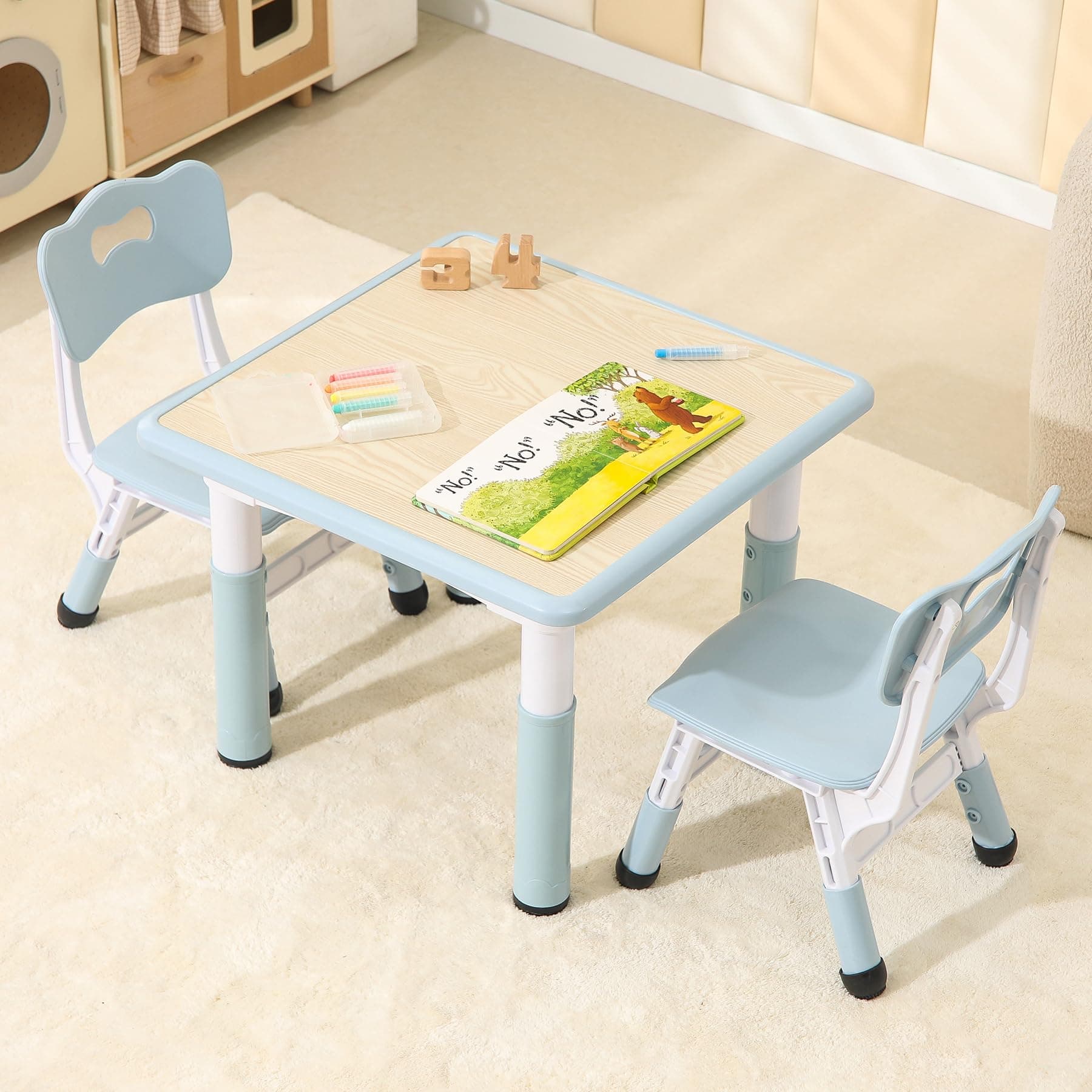 Hulaibit Kids Table and 2 Chairs Set, Height Adjustable Toddler Table and Chairs with Anti-Slip Foot Covers, Graffiti Desktop Arts & Crafts Table for Daycare, Classroom