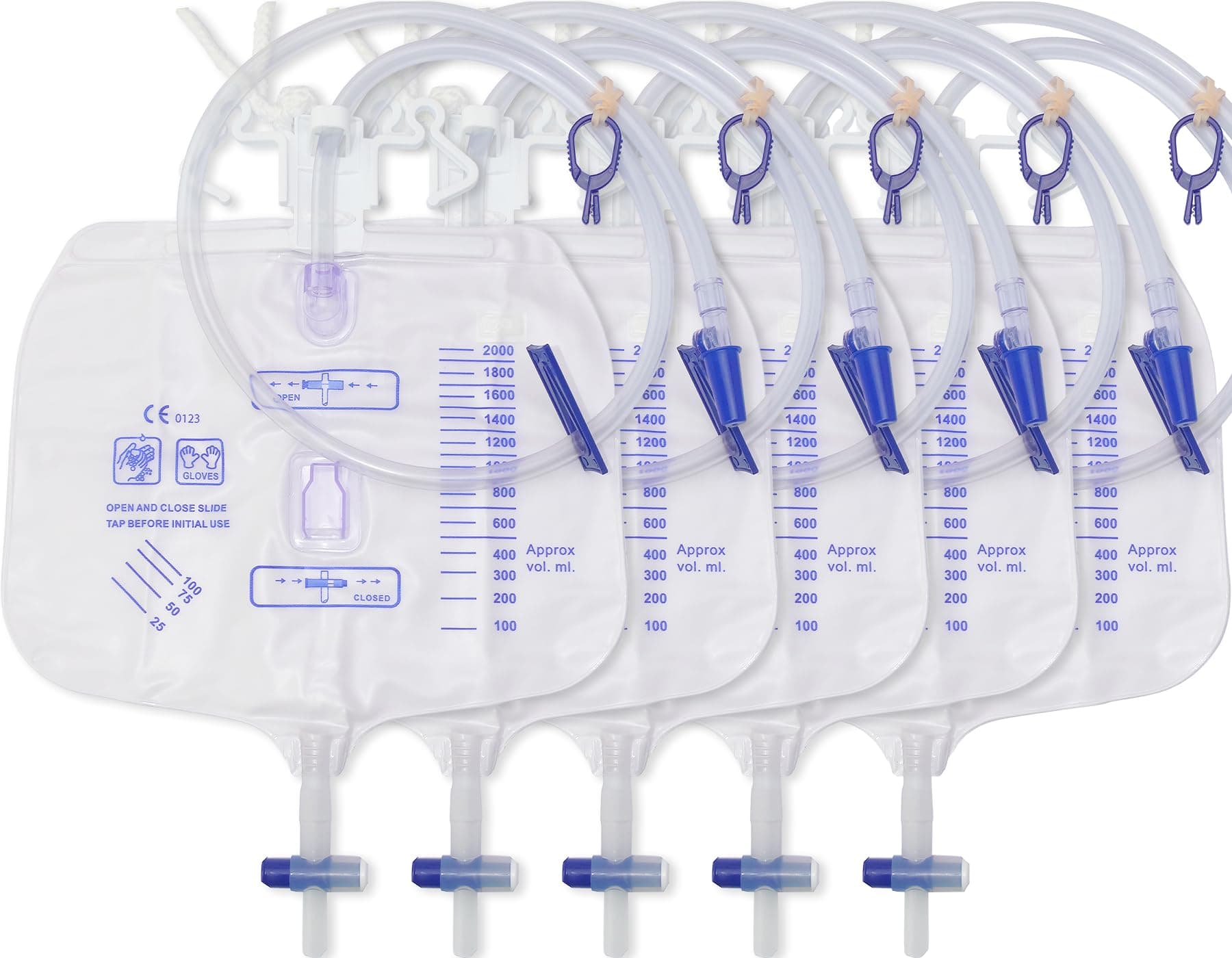 5PCSCatheter Bags for Men,2000MLUrinary Drainage Bag,Reusable Urine Bag,Lengthened Catheters Tude,with Anti-Reflux Chamber Clips and Hanging Hook,Professional Urinary Bag for Incontinence