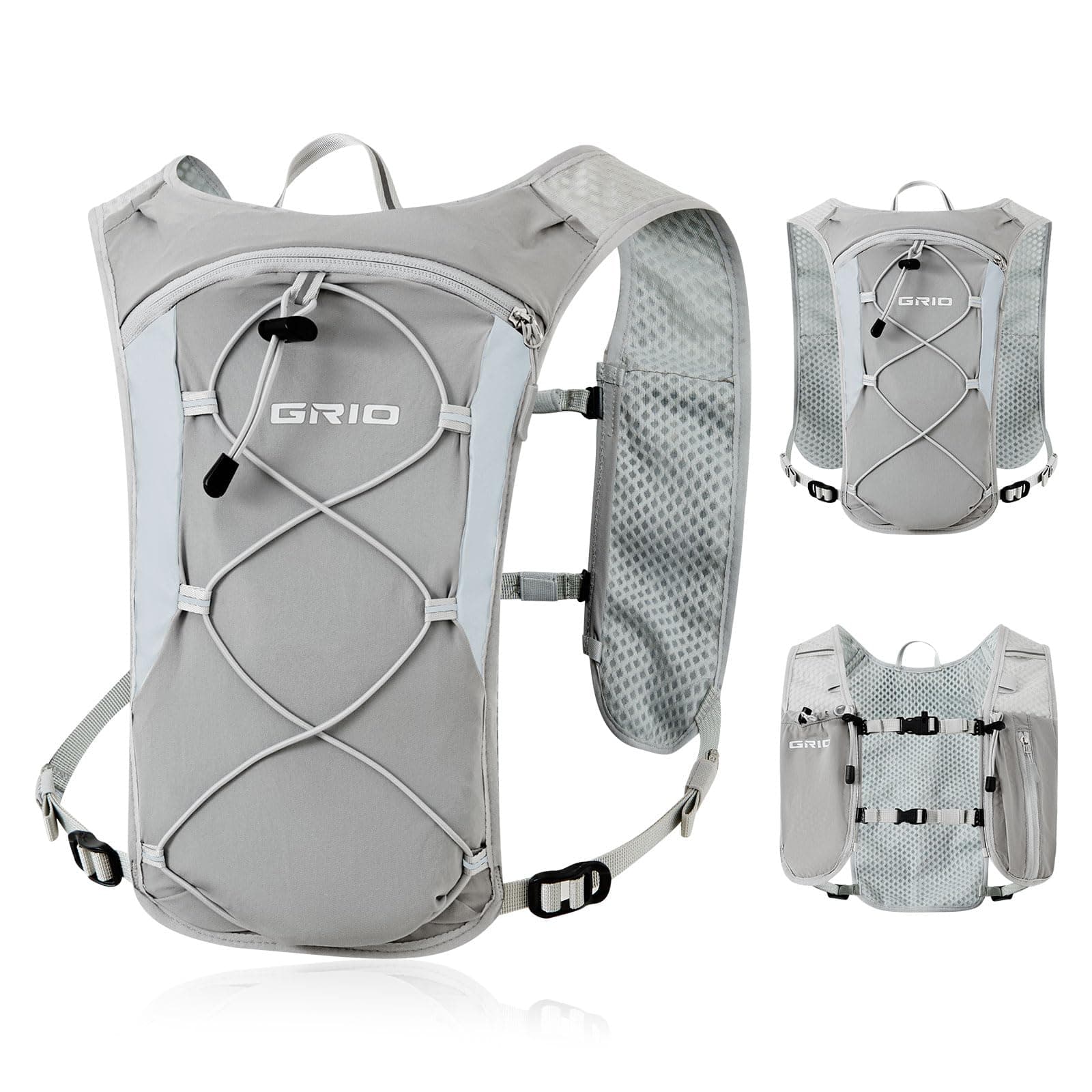 GRIO Hydration Running Vest for Women Men, Water Backpack for Hiking ,with 1.5L Water Bladder, Lightweight Breathable Reflective Hydration Pack for Marathon, Trail, Hiking, Cycling(Gray)