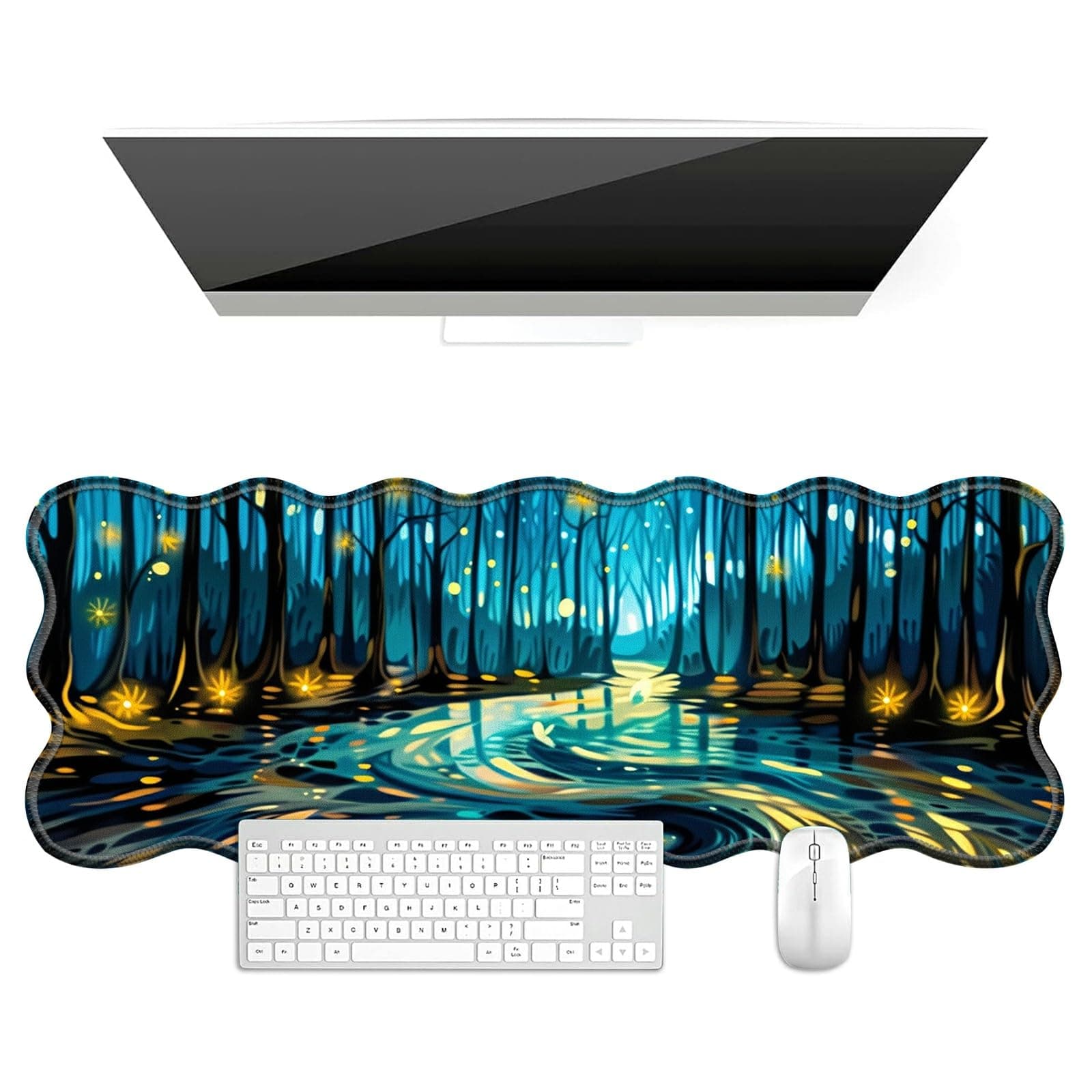 BFDHGQZC Starry Night Sky Fireflies Desk Mat Large Mouse Pad 31.5"x11.8" Desk Rubber Base Mousepad with Stitched Edges Big Desk Pad for Work,Game,Office,Home