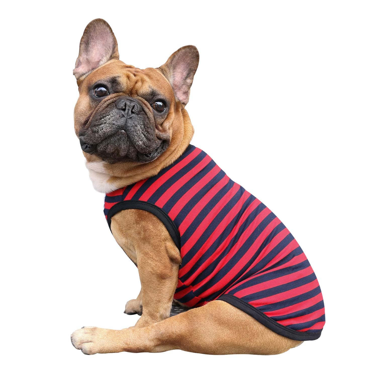 iChoue French Bulldog Striped T Shirts Clothes for Medium Dogs Vest Tank Tops Puppy Frenchie Pug English Boston Terrier Pitbull Red Blue Strips - L