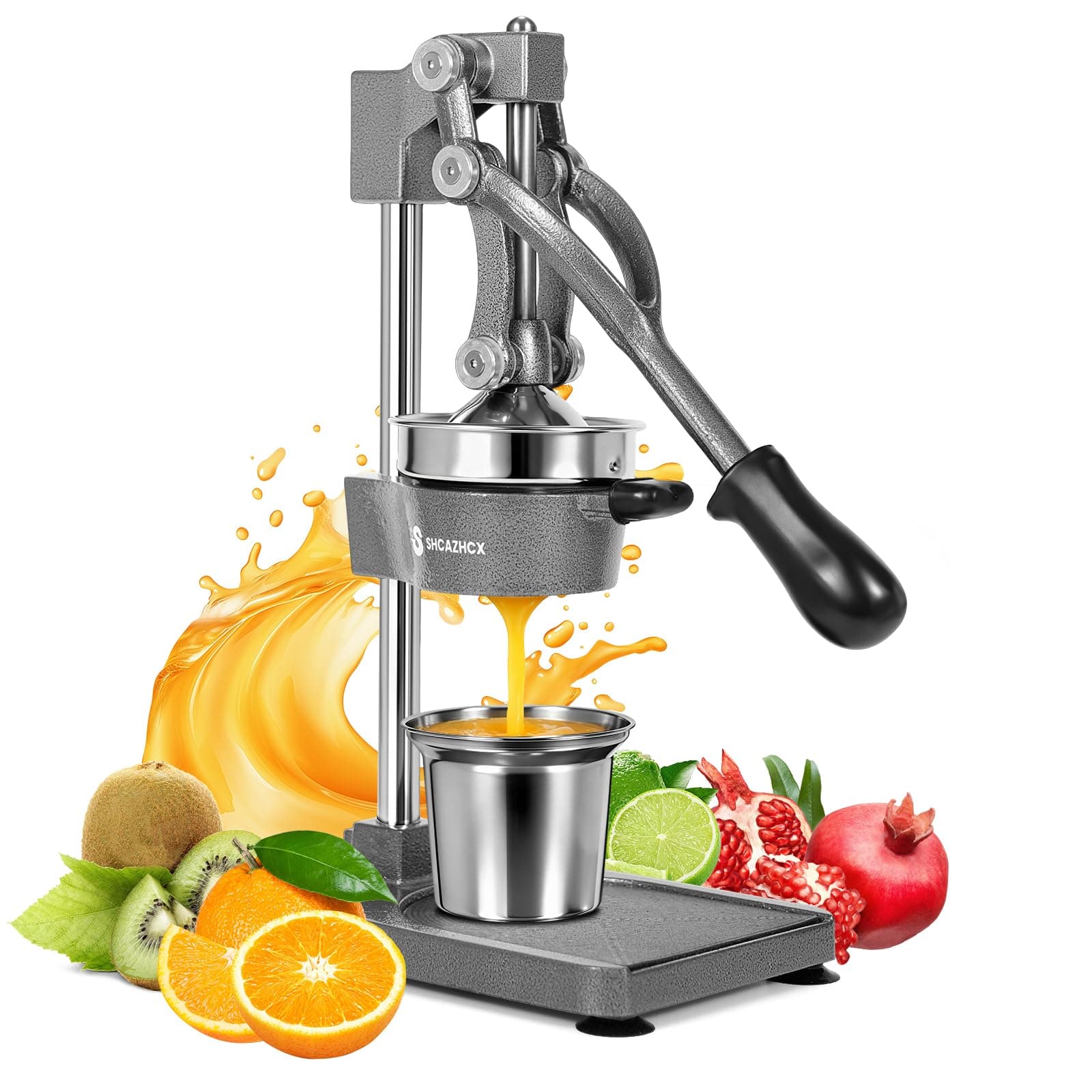 Shcazhcx Cast-Iron Hand Press Citrus Juicer, Heavy-Duty Fruit Squeezer with Stainless Steel Cup, Easy-to-Clean Manual Citrus Press for Orange, Lemon, Lime, Grapefruit & Pomegranate (Silver)