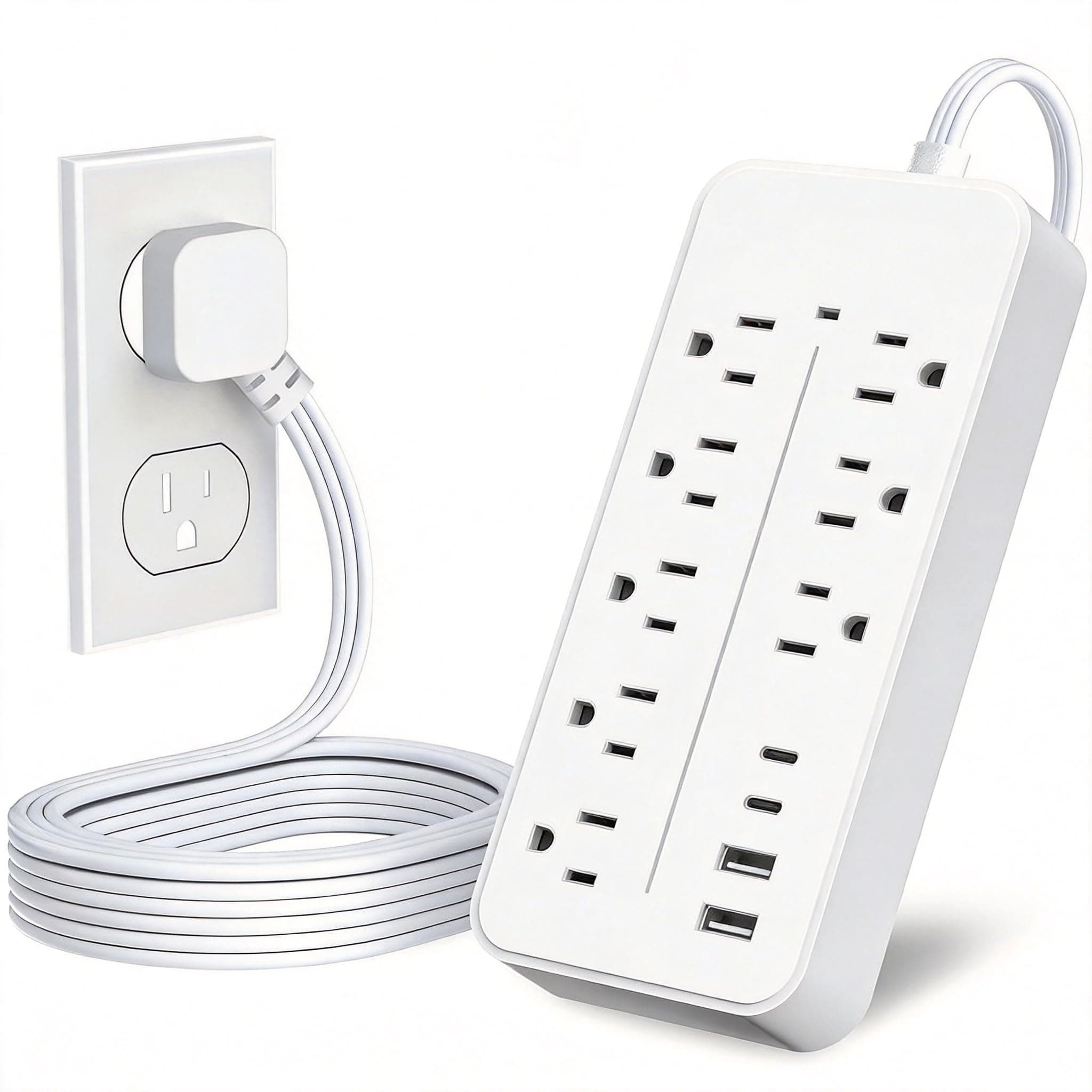 Extension Cord Indoor 5 ft, Surge Protector Power Bar with 8 Outlets 4 USB Ports, Flat Plug Extension Cord with Multiple Outlets, Overload Protection for Home, Office, Dorm Room Essentials, White