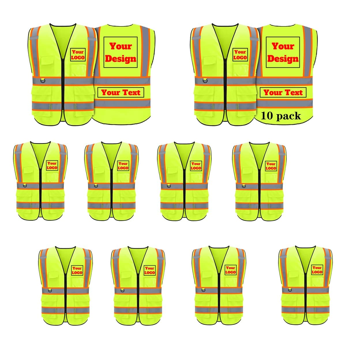 evershare Safety Vest Customize Logo with 5 Pockets & Zipper Reflective High Visibility Vest Class 2 Outdoor Workwear, Yellow-custom-10pack, 4XLarge