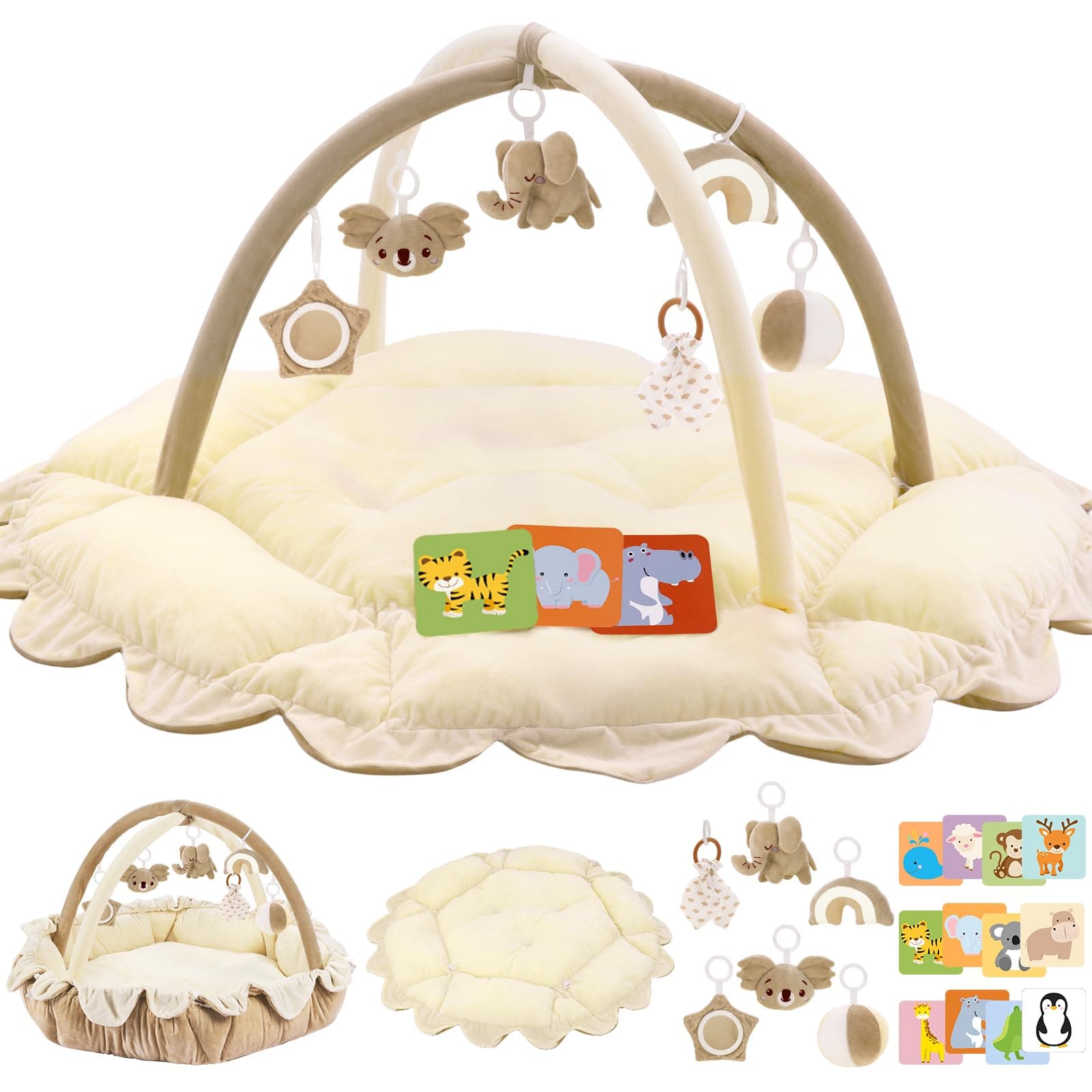 5-in-1 Plush Baby Play Gym, Activity Mat with Convertible Gym, Baby Gym 6 Sensory Toys, Play Center for Newborn to Toddler, Dark Circle Cream
