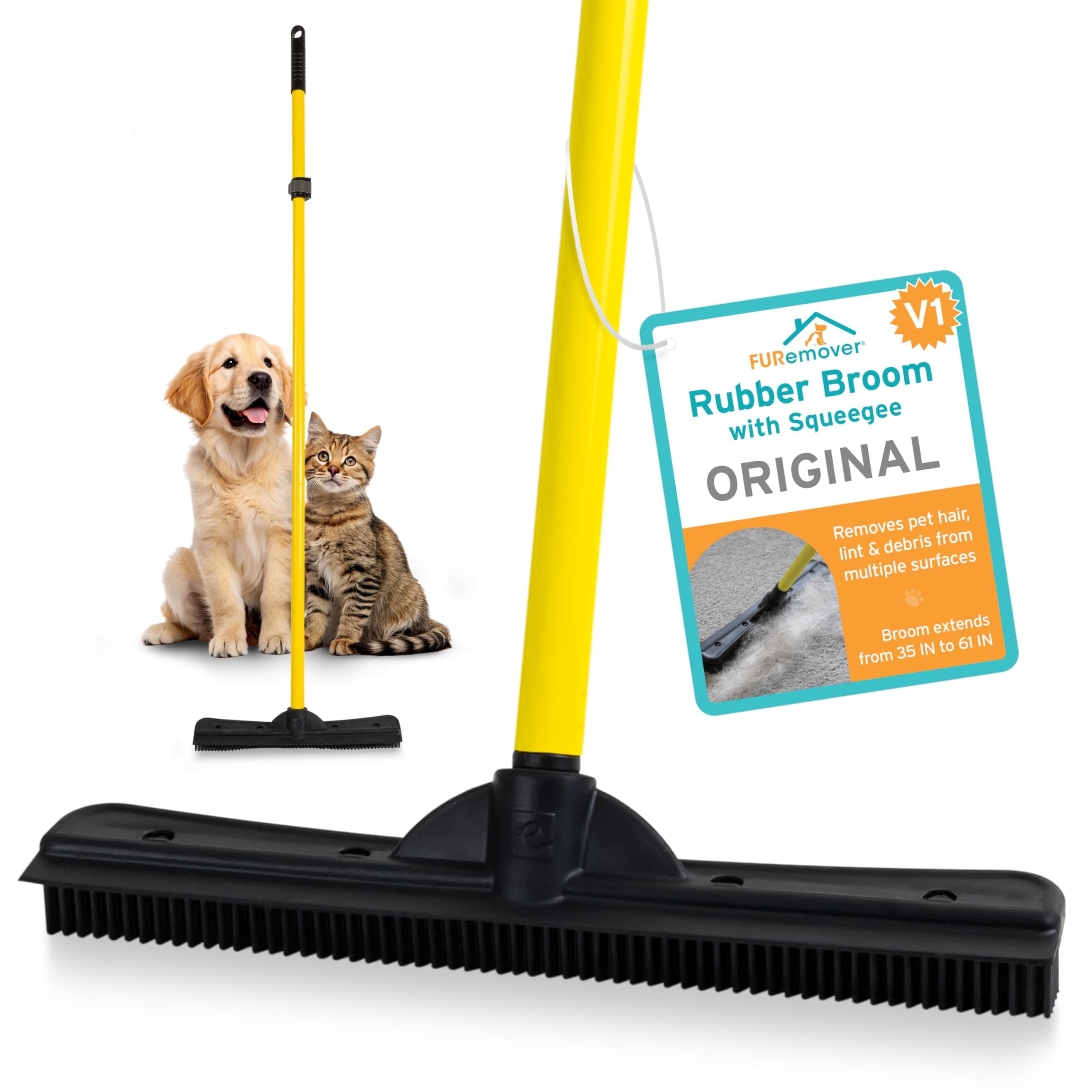 FURemover Pet Hair Removal Rubber Broom, 61" Telescopic Handle