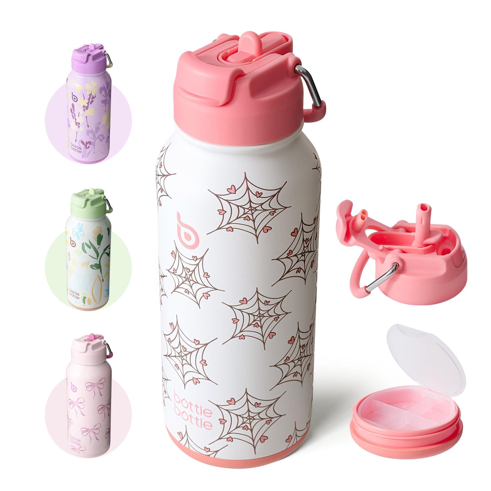 BOTTLE BOTTLE 32oz Insulated Water Bottle Stainless Steel Sport Water Bottle with Straw Dual-use Lid Design for Gym with Pill Box (Cupid Web)