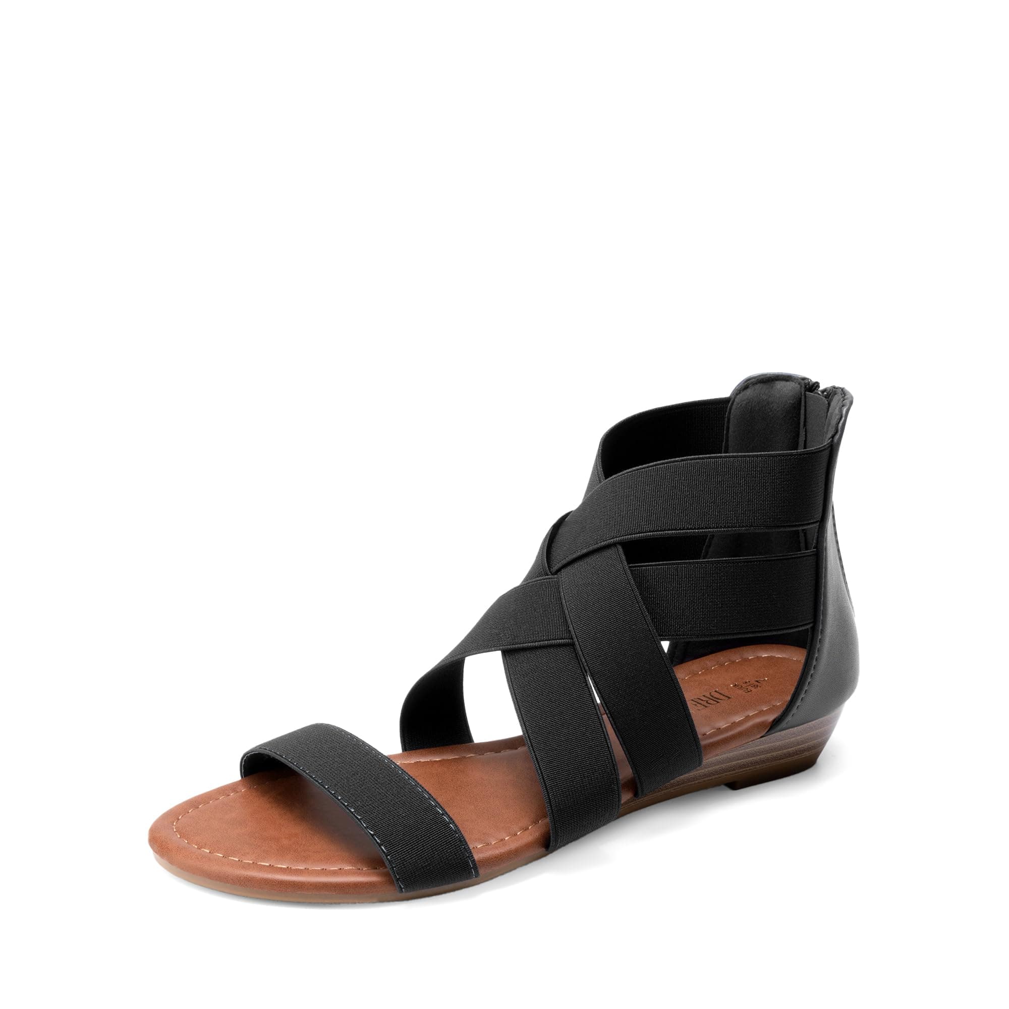 DREAM PAIRS Elastic Strappy Flats Sandals Womens Open Toe Summer Beach Low Wedges Shoes ELASTICA8,Size 7,Black,ELASTICA8