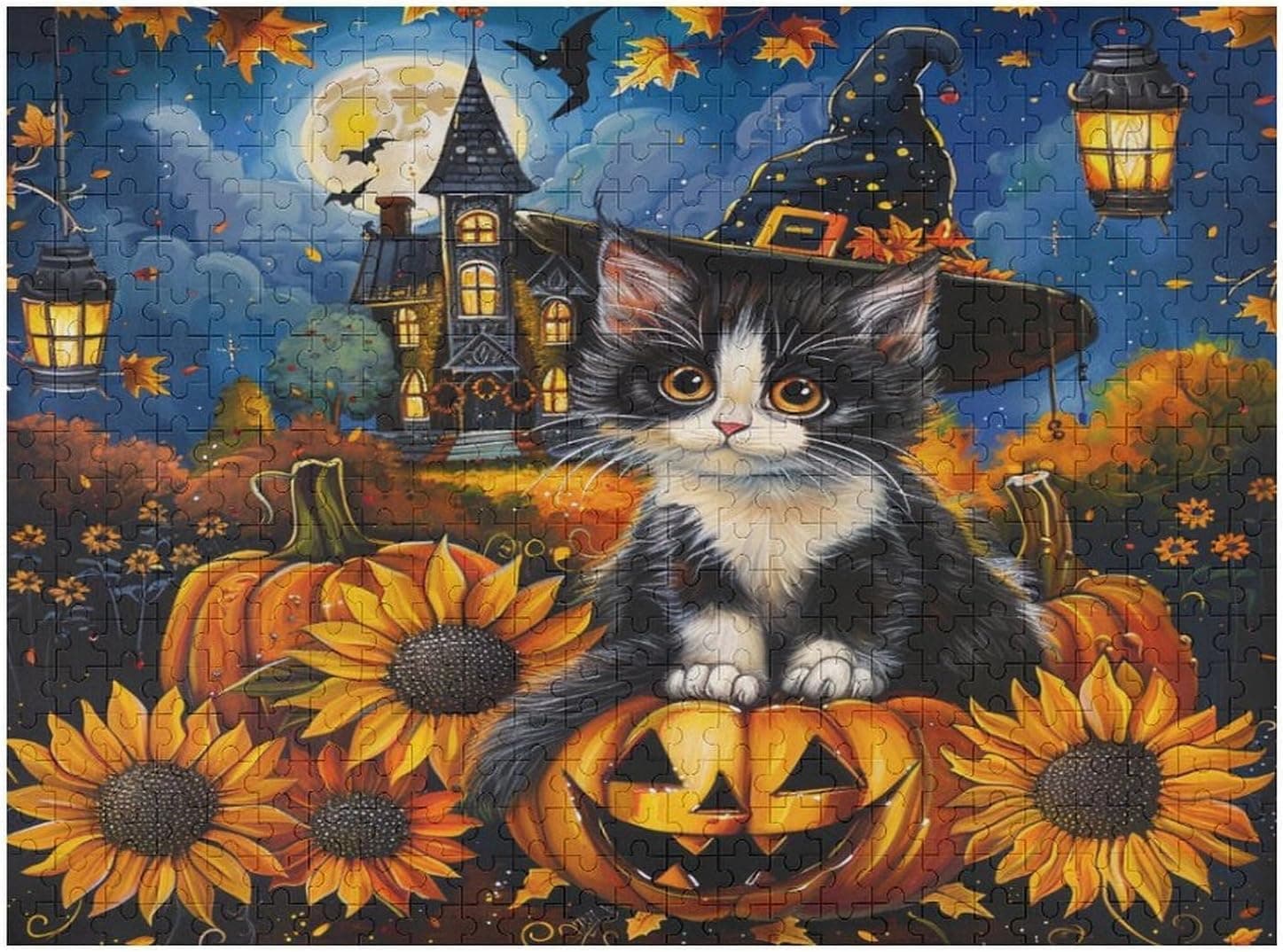 Jigsaw Puzzles Kitten Witch Hat Wooden Puzzle - Fall Happy Halloween Cat, Home Decor & Intellectual Gift 1000 Piece